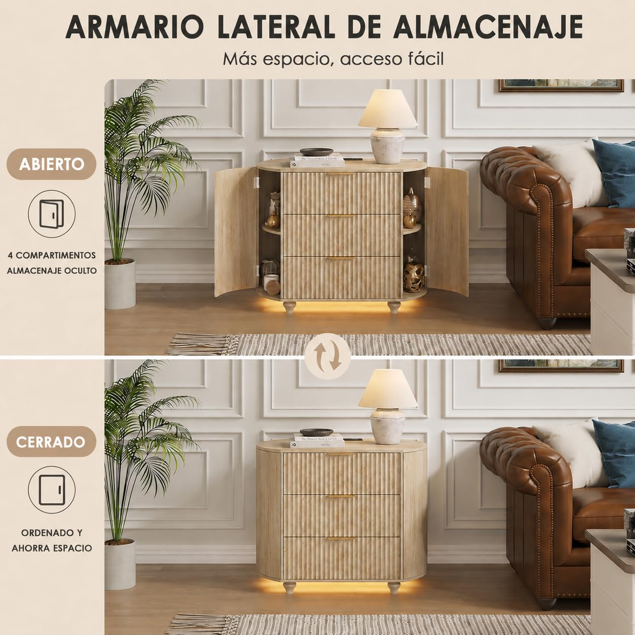 ZKIODV Ovalada Mesita de Noche con Enchufes, LED Mesita de Noche con 3 Cajones, Moderna Mesilla de Noche Grande, iluminación LED 3, USB y USB-C, Mesilla Madera Dormitorio, 65 x 80 x 45 cm (Roble)