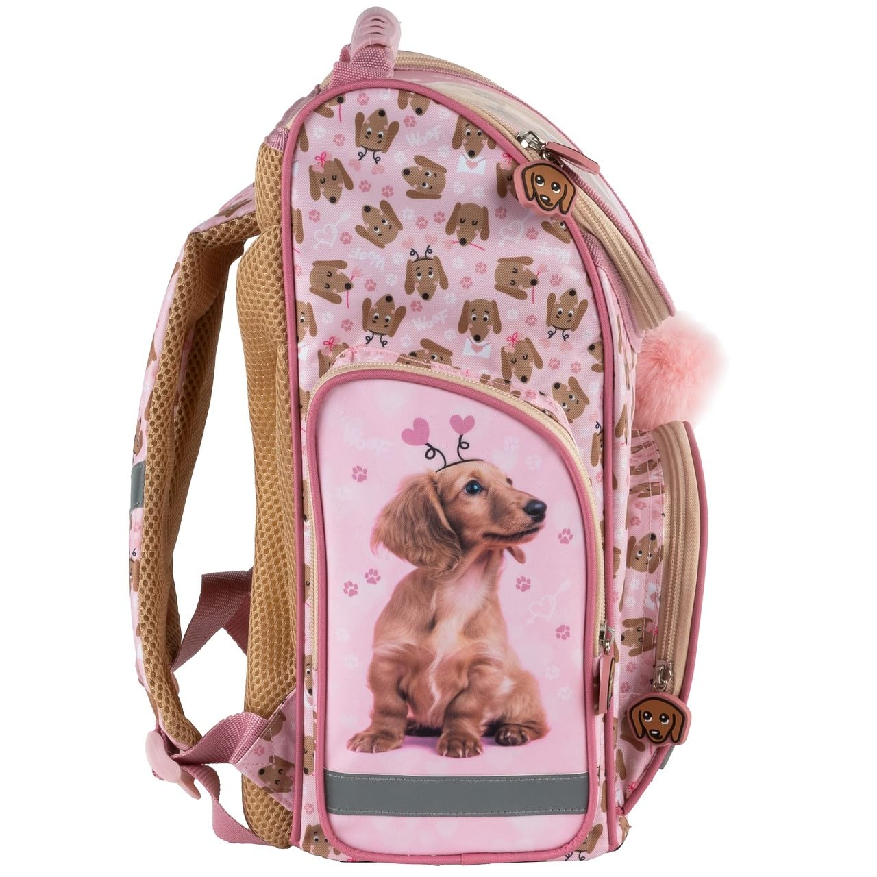 PASO- Schulranzen für Mädchen, 8er-Set - Schul-Rucksack für Kinder mit Federmäppchen - Schuhbeutel Trinkflasche und Brotdose - Hund Motiv- 1-3 Klasse