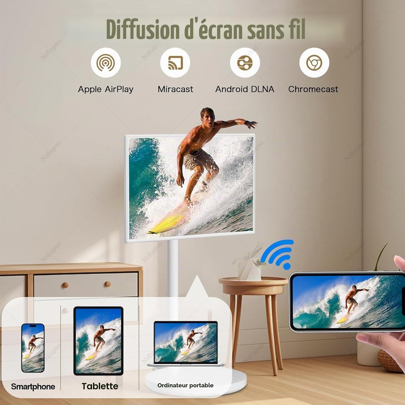 TéLéViseur Portable sur roulettes avec TéLéCommande, éCran Tactile Orientable, TéLéViseur Mobile sur Pied | CaméRa 800W | Batterie IntéGréE, Rotation ComplèTe White-4+64G
