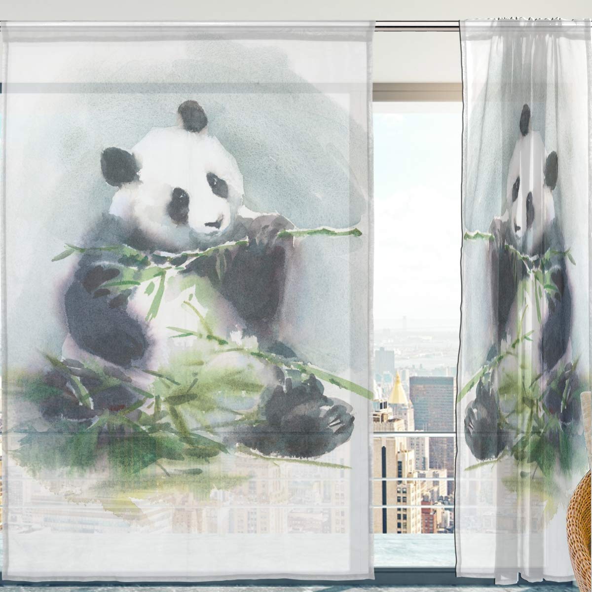 Mnsruu Fenster Vorhänge, Gardinen Panda Muster Modern Voile Platten Tüll Gardinen 213 cm Lang für Wohnzimmer Schlafzimmer Fenster Decor Set von 2