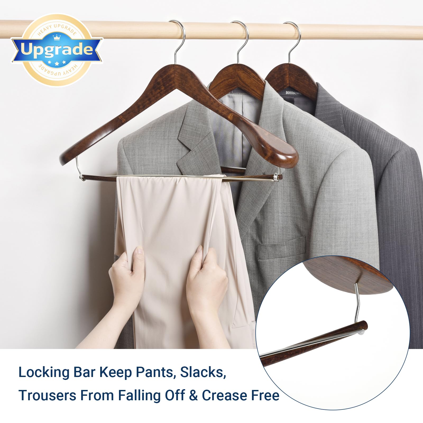 Amber Home Paquete de 6 perchas de madera retro con hombros anchos | Perchas de madera con barra de bloqueo antideslizante, perchas de ropa para chaquetas, suéteres, pantalones y ropa pesada