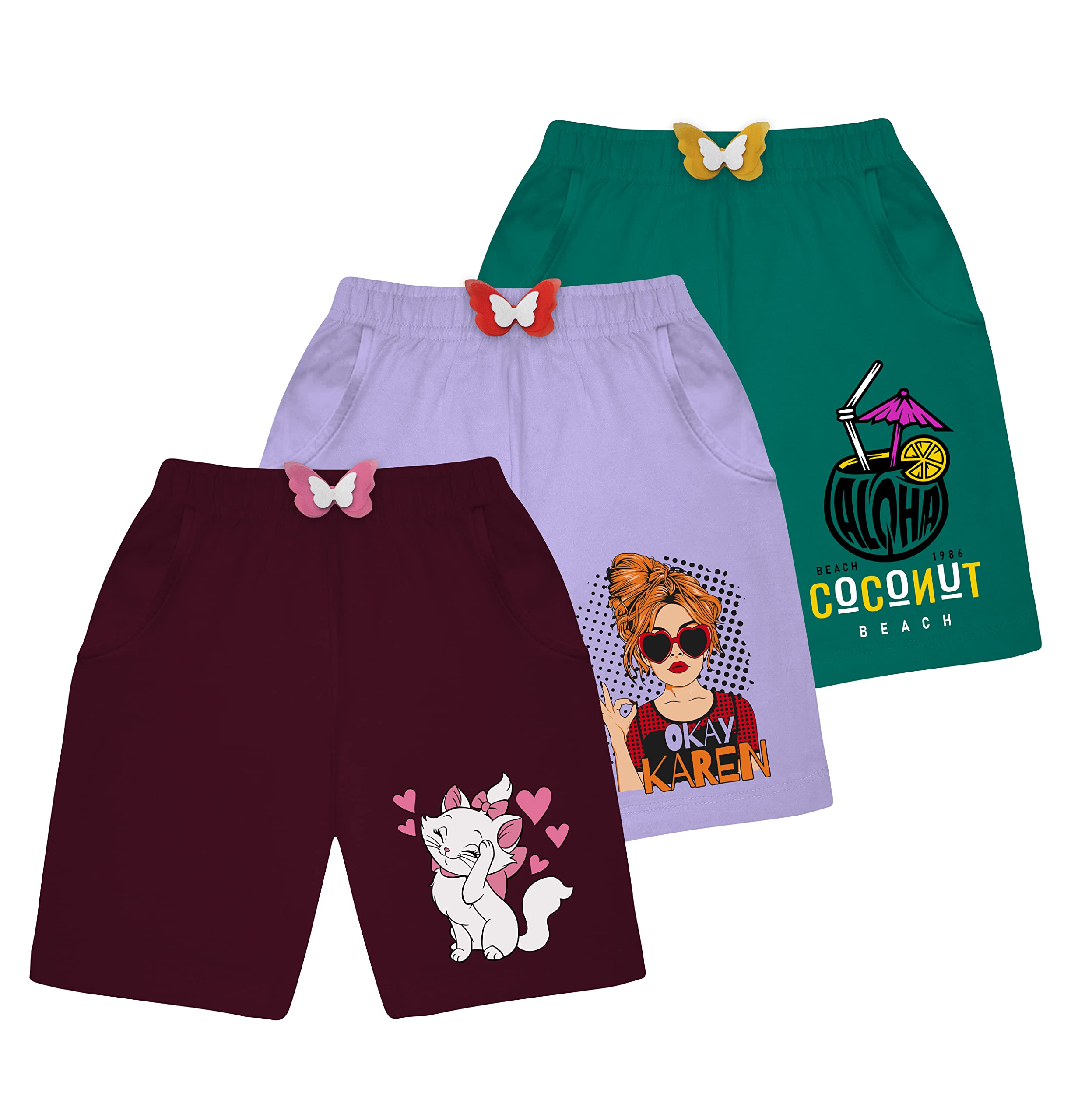 KYDA KIDS Cotton Printed Pocket Bow Shorts for Girls - Regular Fit Girls Shorts with Elastic Waist Multicolored (Pack of 3)