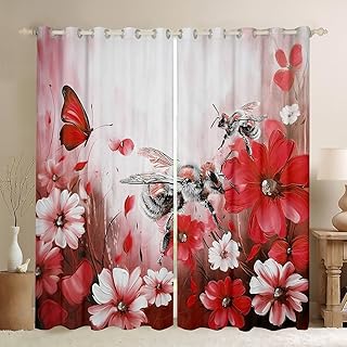 Bee Blackout Curtains Daisy Flowers 2 Panels 42"Wx90"L Curtains for Living Room,Red Ombre Oil Painting Floral Curtains & D...