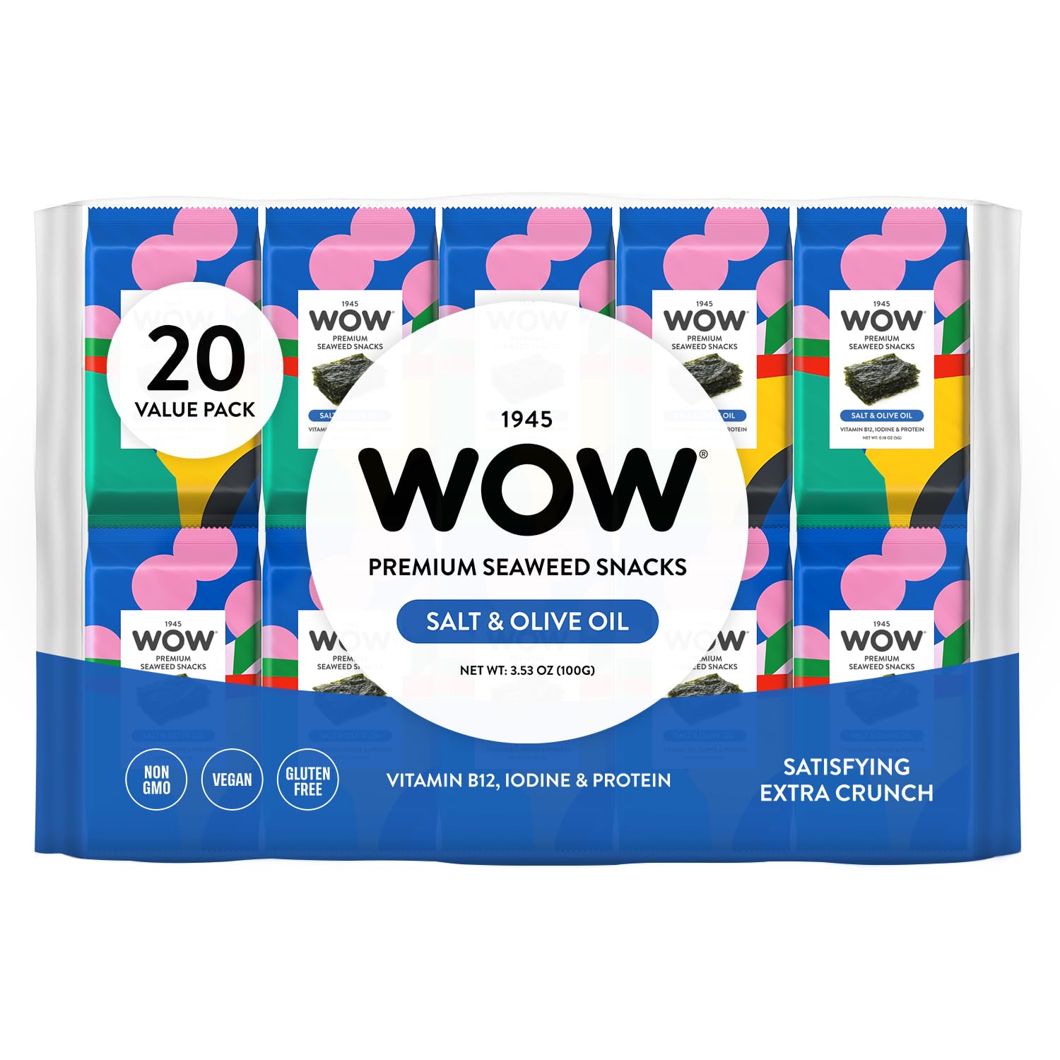 1945 WOW Premium Roasted Korean Seaweed Snacks, Salt & Olive Oil - 20 Count, Vegan, Gluten Free, Non-GMO, Keto, Extra Thick, Crunchy, & Healthy Snacks for Kids & Adults
