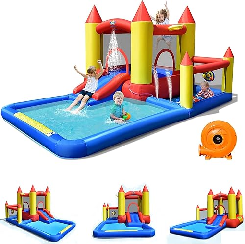 BOUNTECH Casa inflable de rebote de agua, parque de tobogán acuático gigante para niños, diversión húmeda y seca con soplador de 480 W, piscina de