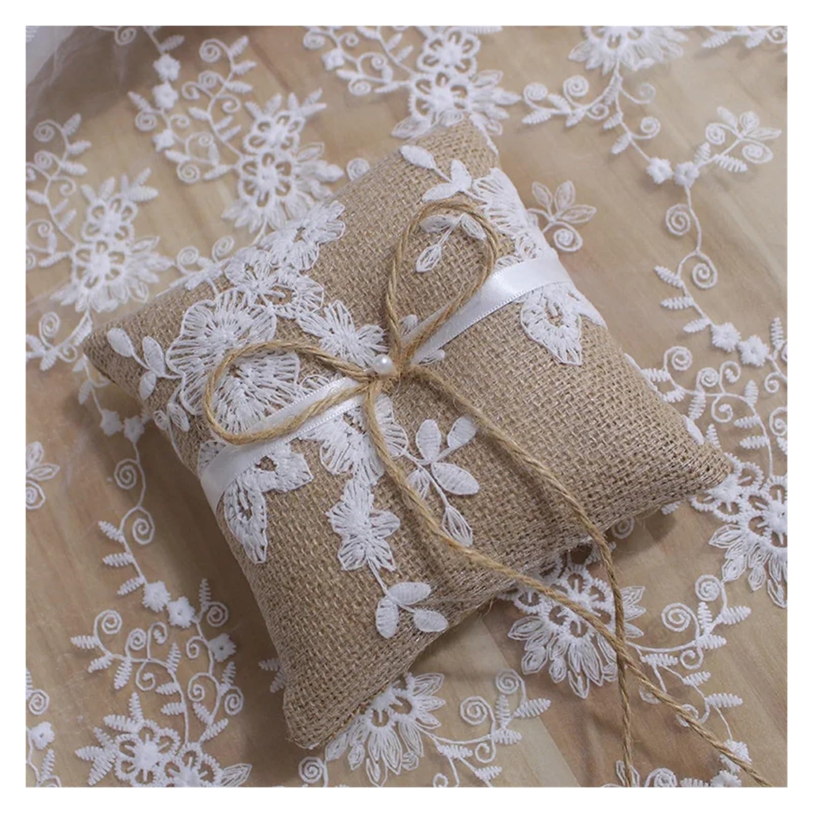 Hochzeit Ringhalter Kissen Ringkissen mit Spitze, Schleife, Vintage-Stil, for Hochzeit, Verlobung, Dekoration, Schmuck, Ringe, Kissen, Vintage-Jute-Kissen aus Sackleinen