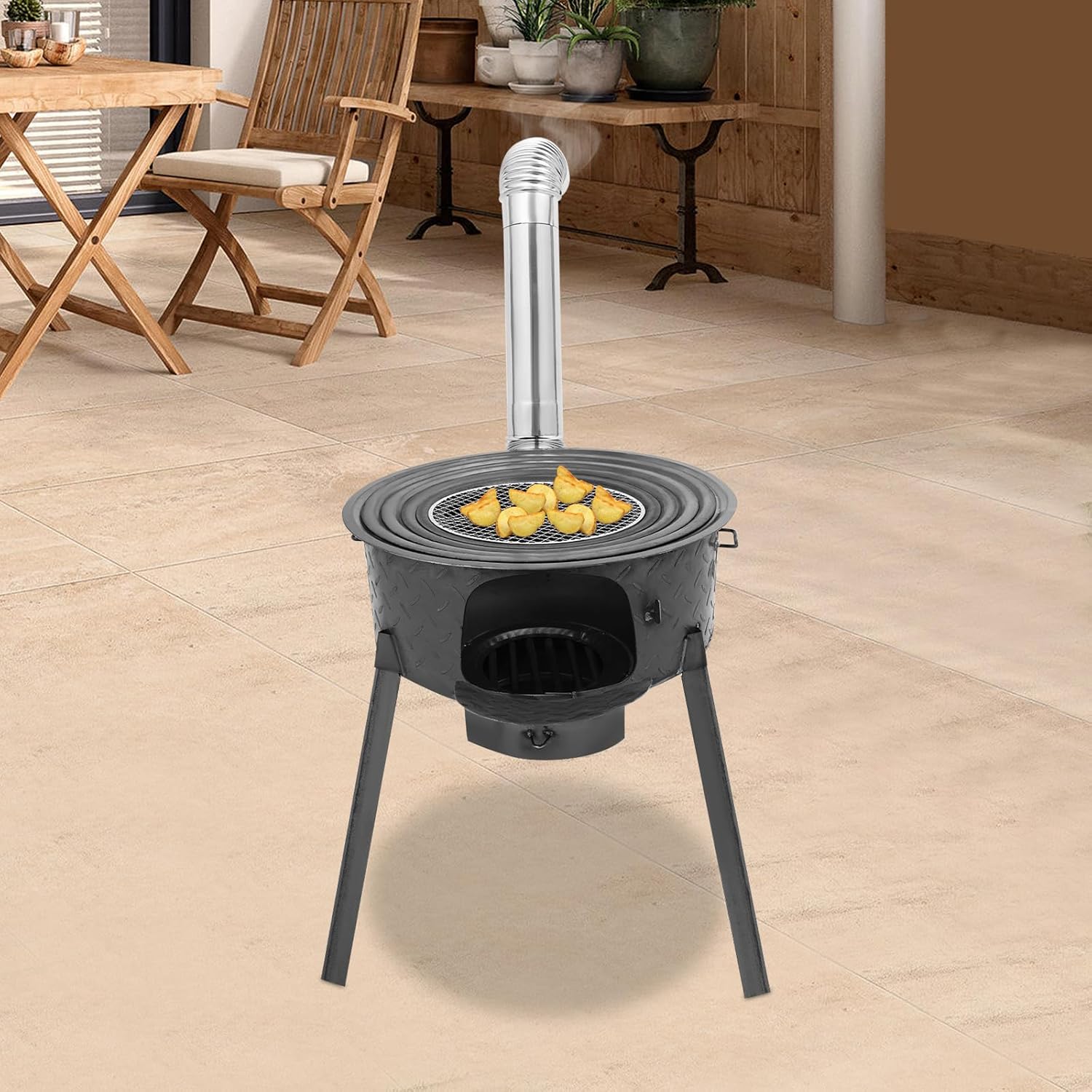 Multifunction Wood Burning Stove With Grill Rack, Camping Wood Stove, Large Charcoal Grill With Grill Rack For Outdoor/Backyard Cooking, Picnic And Barbecue. (Gray-21in+ 4 Wok Rings)