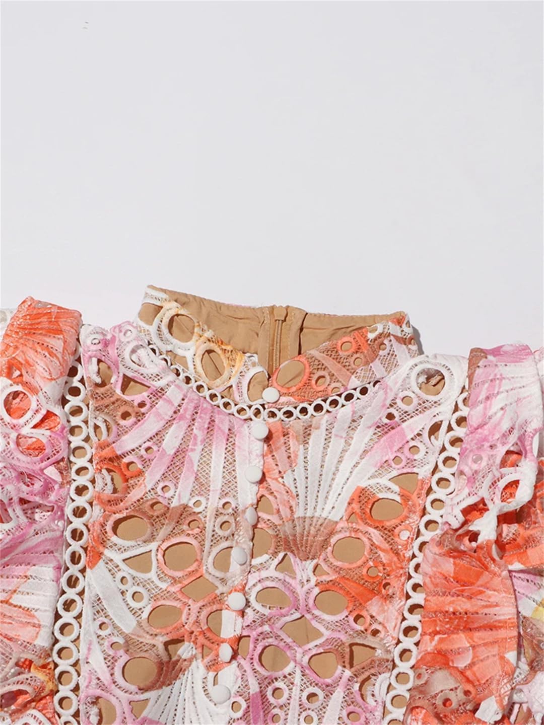 Women's Floral Short Sleeve Hollow Dress Stand Collar High Waist Zipper Mini Dress