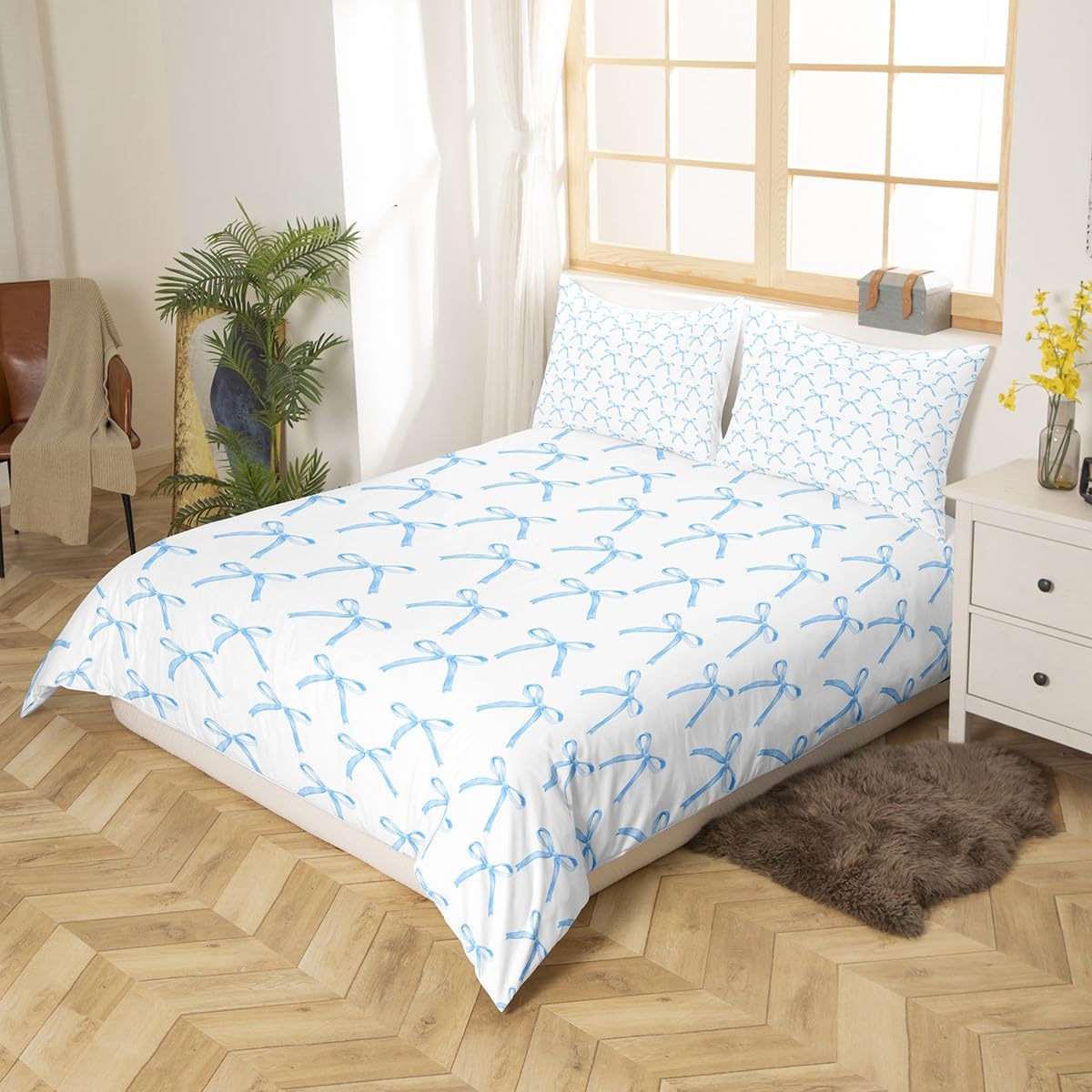 Cartoon Bowknot Kids Duvet Cover Set Double Size,Bow Tie Knot Geometric Patchwork Fashion Bedding Set,Girls Women Room Decor,Hand-painted Sketch Blue Noble Quilt Cover,2 Pillowcases(No Comforter) - Image 4