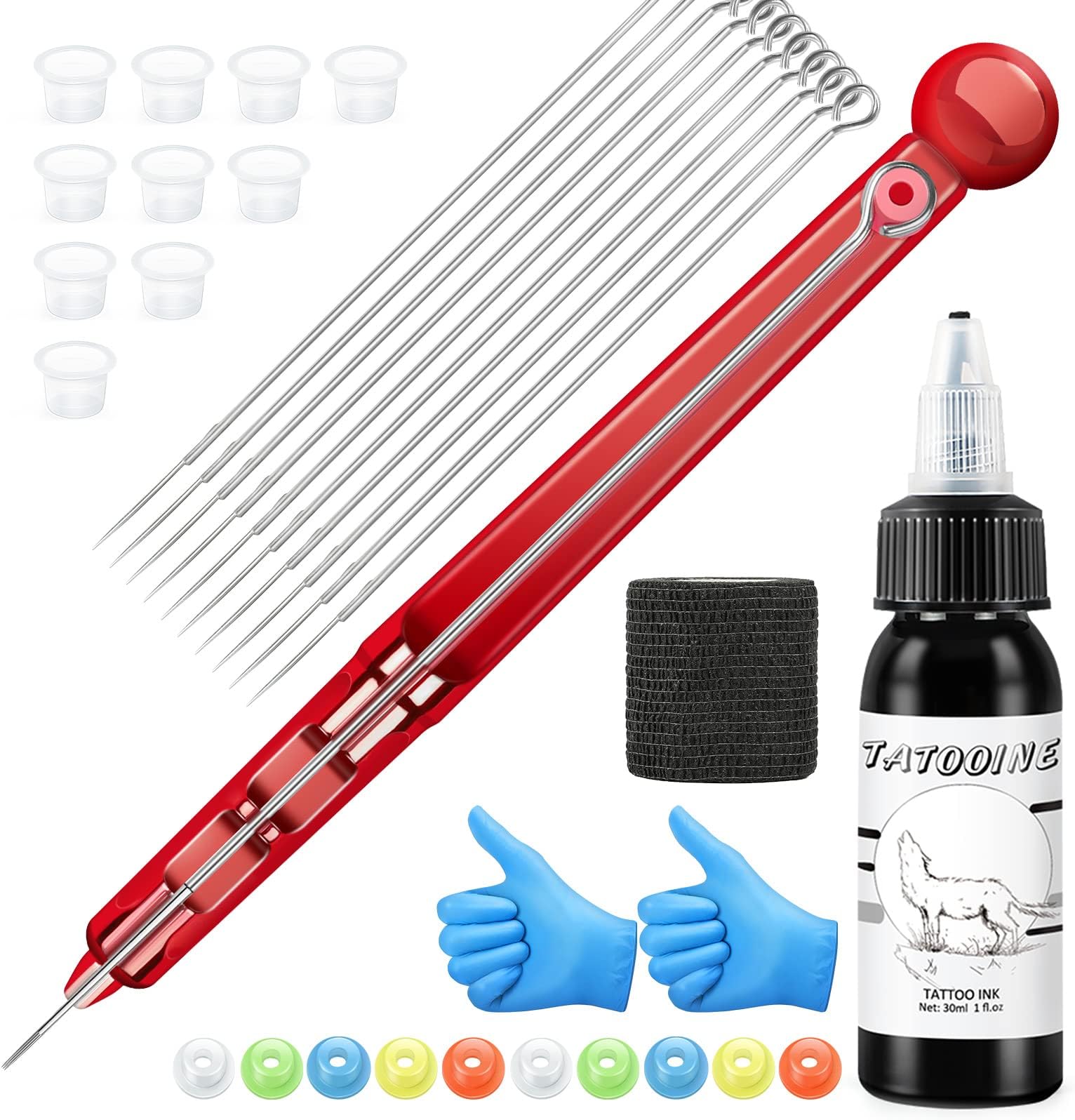 Hand Poke a Stick Tattoo Kit, Hand Poking Pen, Colourful Grommets Nipple, No.5 Round Needle, Black Tattoo Ink Use to Body Art for Beginner