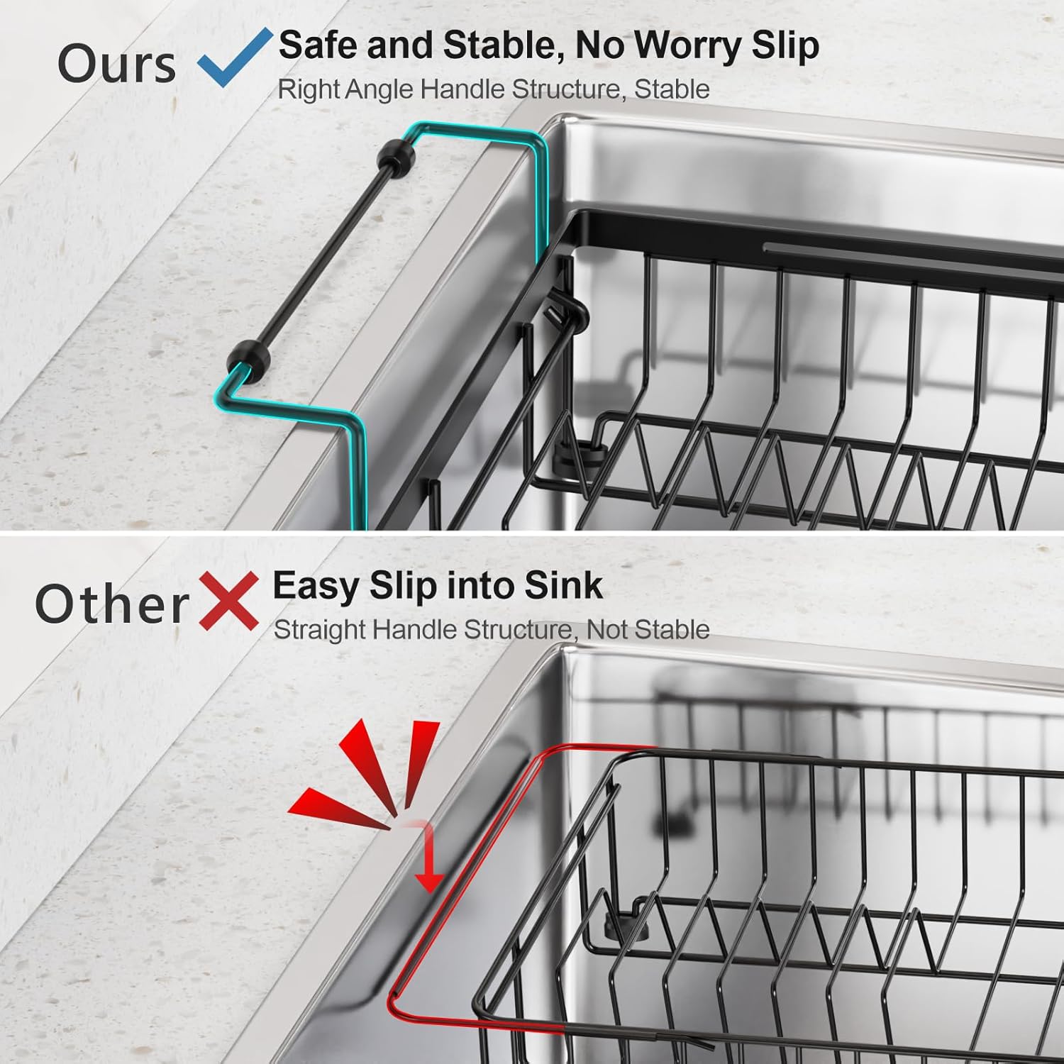 iSPECLE Expandable Dish Drying Rack with Silicone Mat for Kitchen Sink or Counter, Heavy Duty Adjustable Over Sink Dish Drainer with Square Corners, Fit for Modern Single & Double Sinks, Black