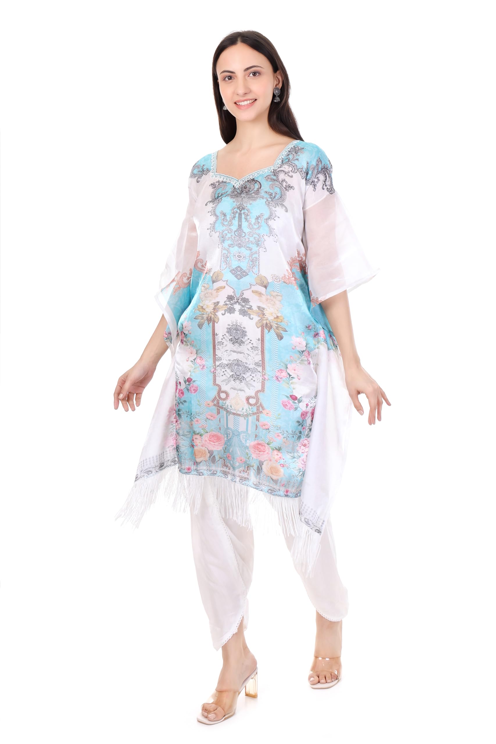 Digital Printed Georgette Kaftan Top with Dhoti Bottom Set, Turquoise Blue and Pink Floral Pattern, Three-Quarter Sleeves-image-32