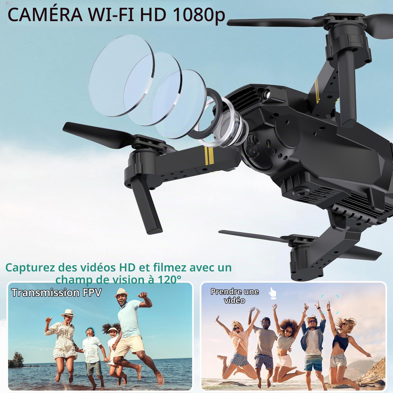 Drone avec caméra 1080P débutant RC Quadcopter, drone pour enfants, FPV Live Video, Altitude Hold, One Key Take Off/Landing, 3D Flip. Cadeaux pour filles/garçons