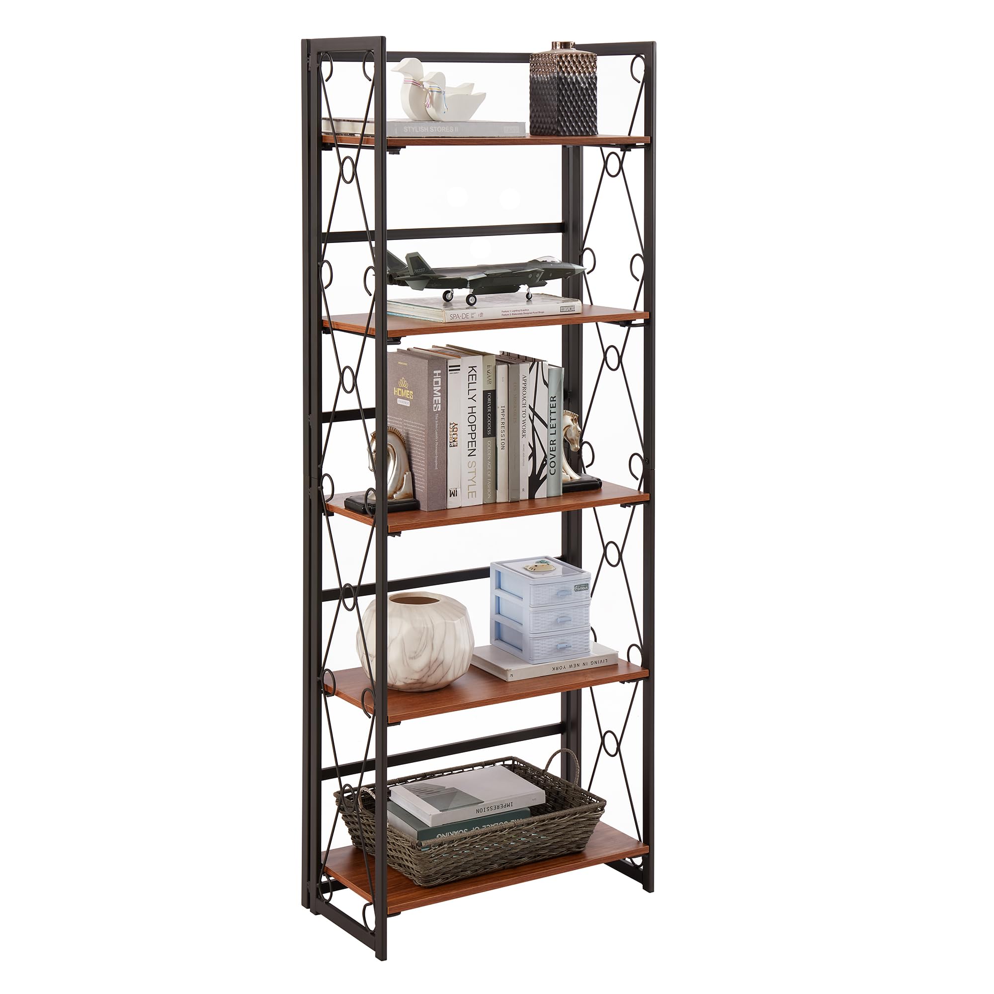 VECELO Folding Bookshelf,5 Tier Bookcase Foldable Easy Assembly, Industrial Book Shelf Storage Organizer with X Metal Frame and Anti-Toppling Design,1 Set