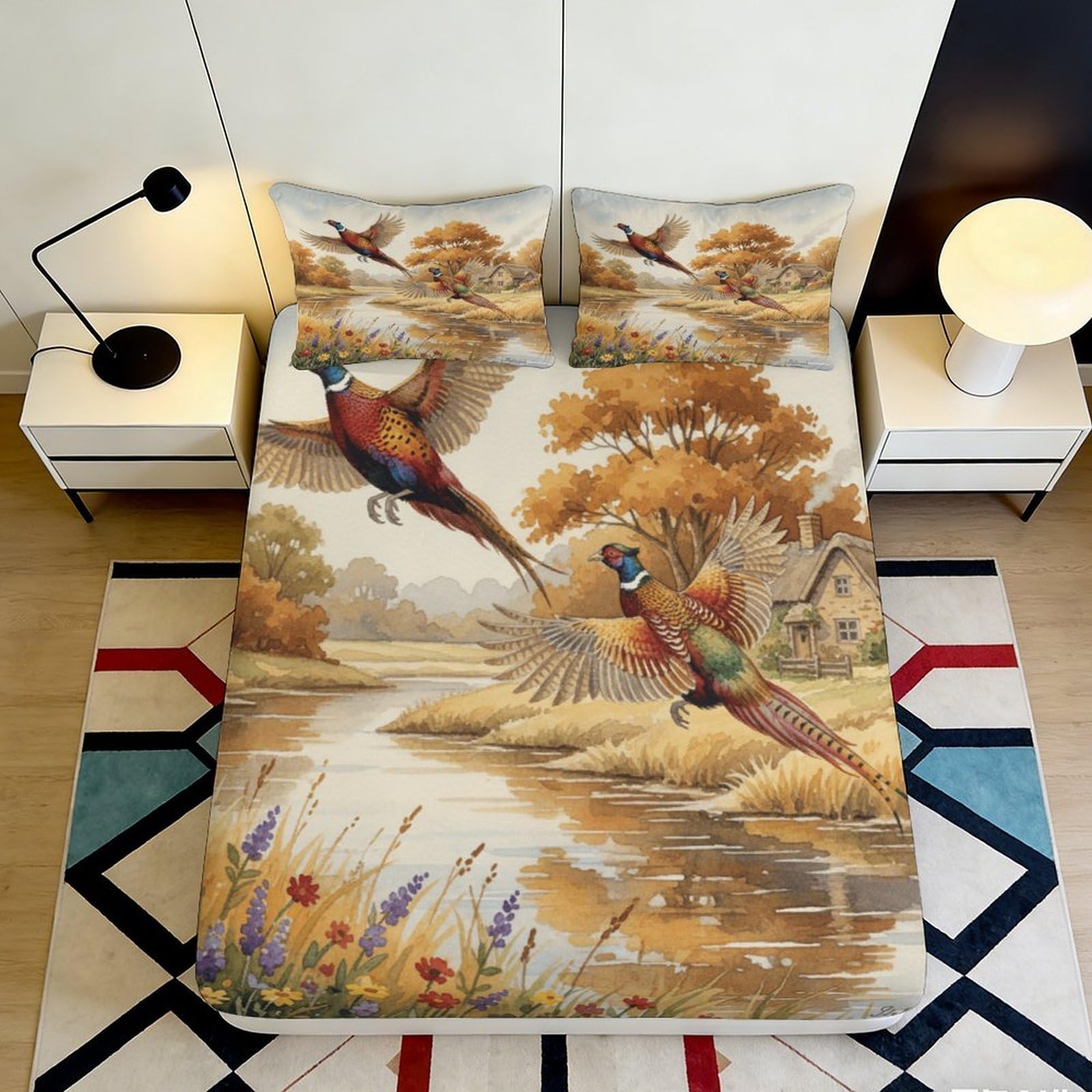 3D Printed Autumn Pheasant Fitted Sheet Microfiber Soft Durable Woodland Bed Cover for Bedroom Dormitory Guest Room Mattress Protection 140x200x25cm