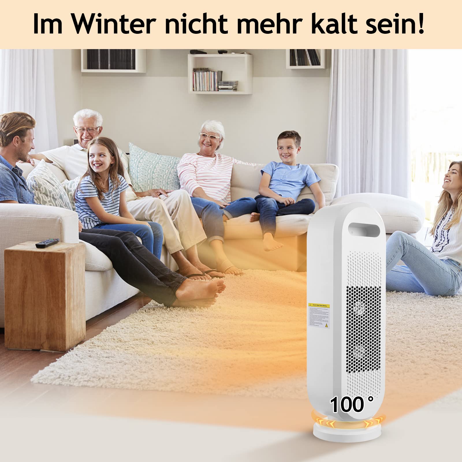 Calentador de ventilador de cerámica, 2000 W, 3 modos, termostato, temporizador de 12 horas, protección contra inclinaciones, 100° oscilante para hogar y oficina, pantalla grande blanca