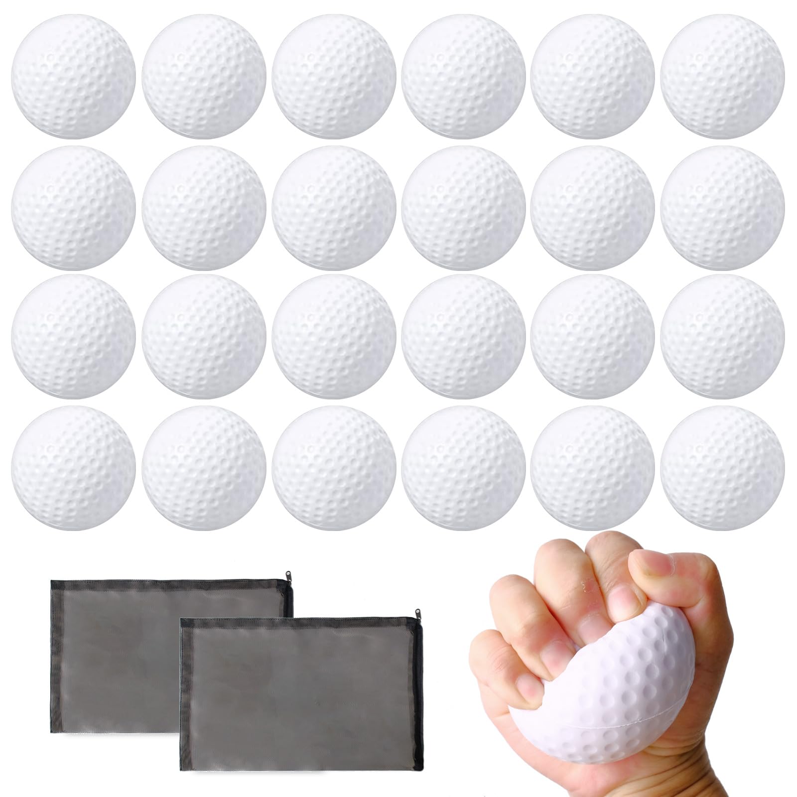24 mini pelotas de golf de 6,35 cm para práctica de espuma para aliviar el estrés con 2 bolsas de almacenamiento de malla negra, regalos de fiesta deportiva para cumpleaños, escuela,