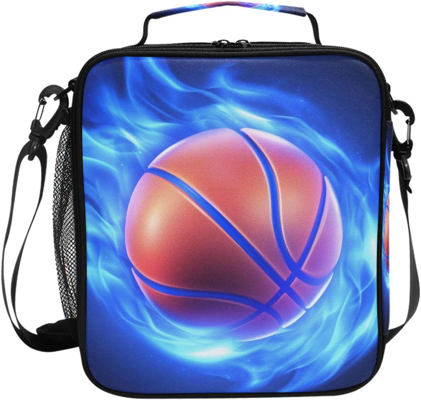 Basketball Blue Fire Lunch Box for Girls Boys Insulated Lunch Bag with Adjustable Shoulder Strap Kids Thermal Tote Bags Cooler School Travel Picnic