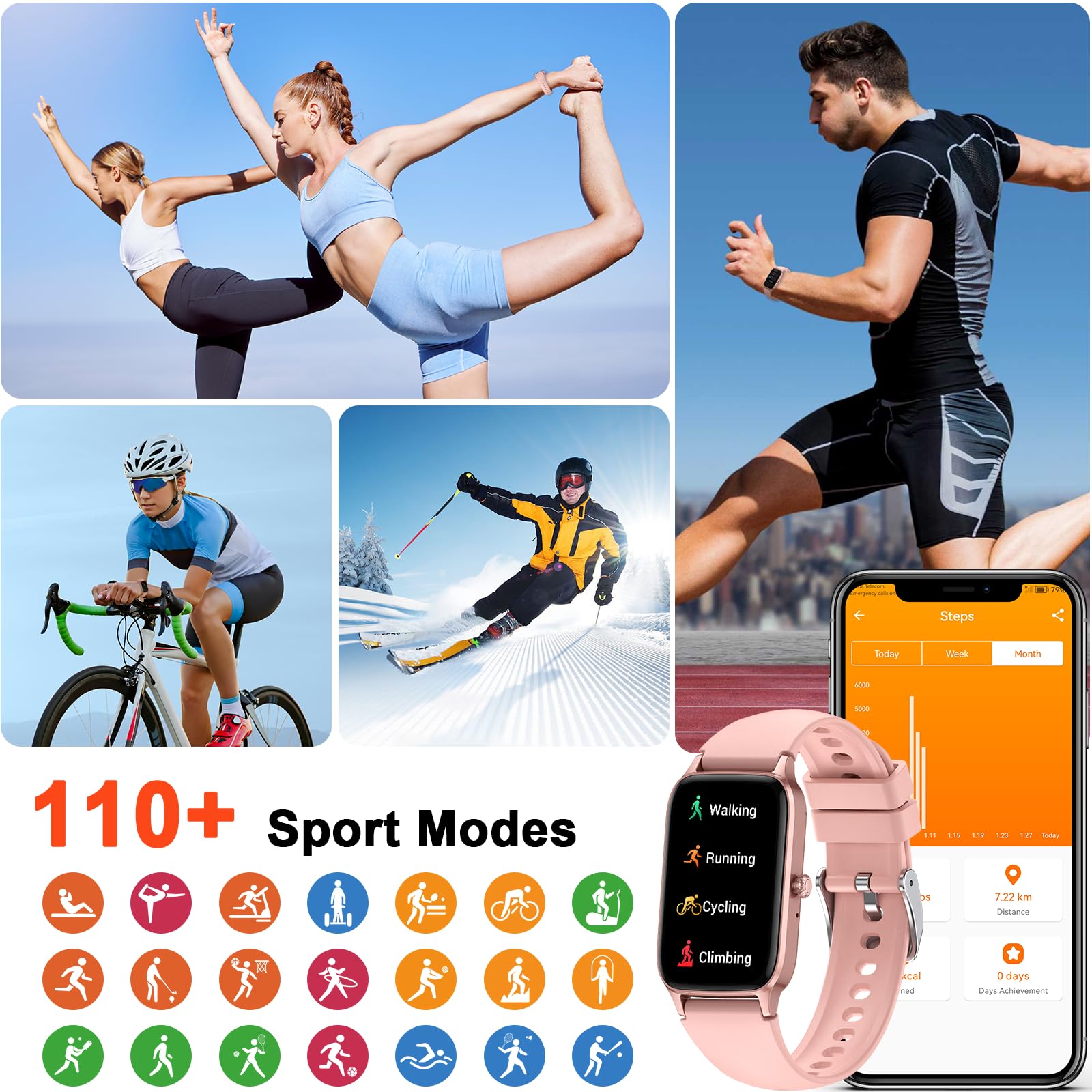 Smartwatch Uomo Donna, 1.57" Orologio Fitness con Effettua/Risposta Chiamate,110+ Sportive Modalità Fitness Tracker, Contapassi/Sonno/Cardiofrequenzimetro, Impermeabil IP68 Smart Watch per Android/iOS