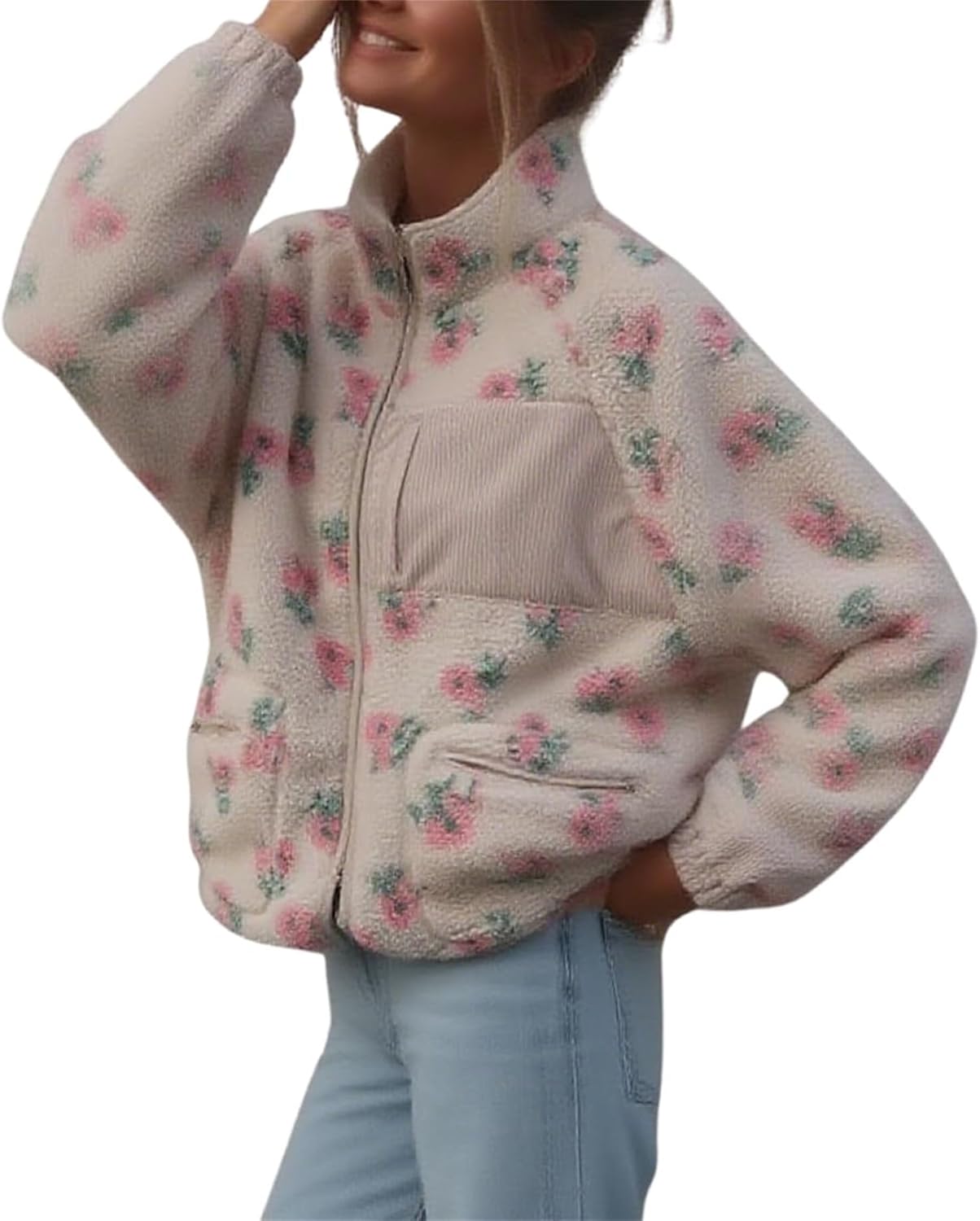 Womens Sherpa Fleece Cropped Jacket Zip Up Floral Lightweight Jacket long sleeve Cute Teddy Fuzzy Coat