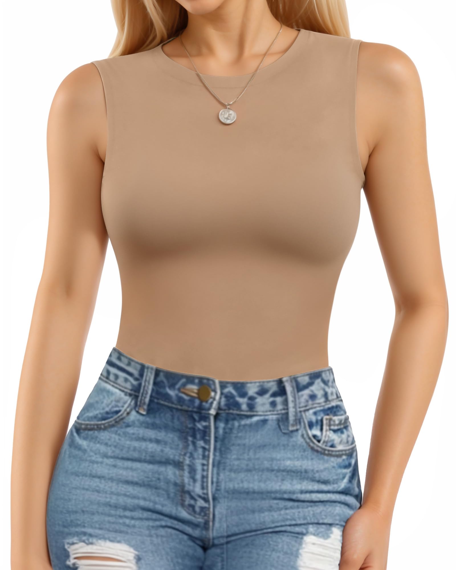 MANGOPOP Sleeveless Bodysuits for Women Crew Neck Tank Top Body Suit Basic Slim Fit Bodysuit Tops