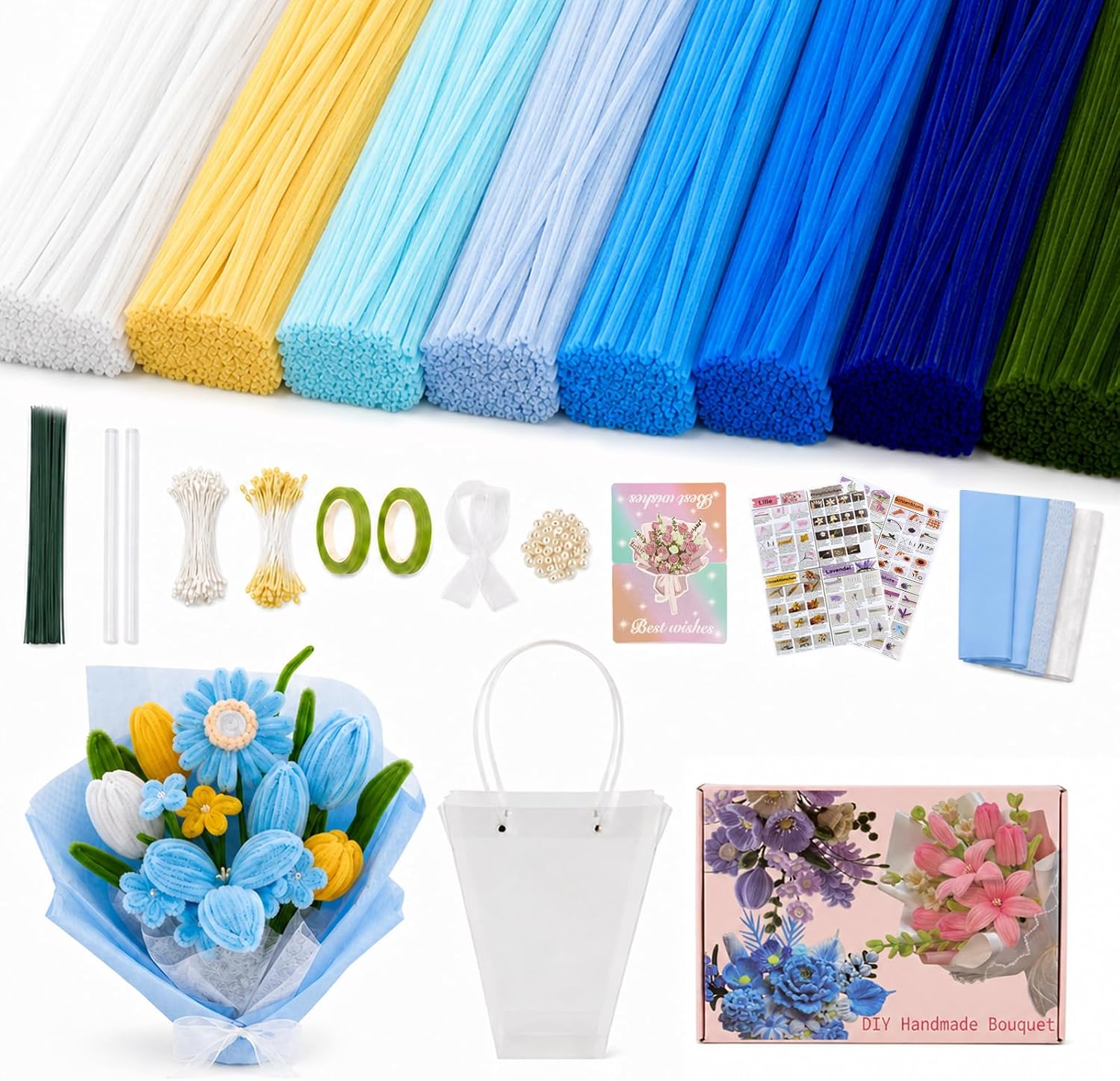 600 Pcs Pipe Cleaner Flower Kit, Pipe Cleaners Flowers Kit with 8 Colors
