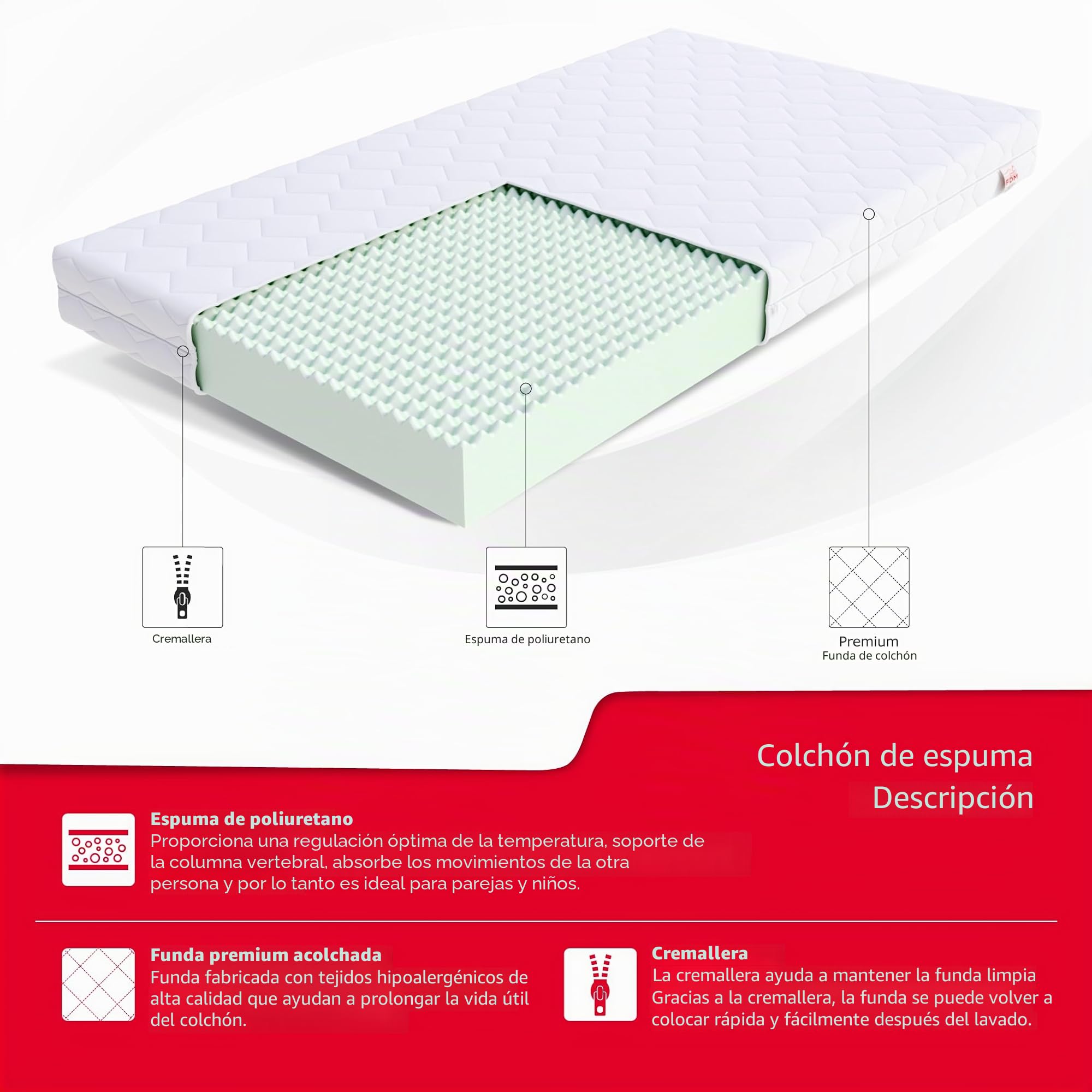 FDM Colchón de Espuma PICCHI, 90 x 190 cm, colchón de 12 cm de Altura, firmeza H3 (firmeza Media), Espuma de Poliuretano, de Dos Caras, extraíble, Lavable