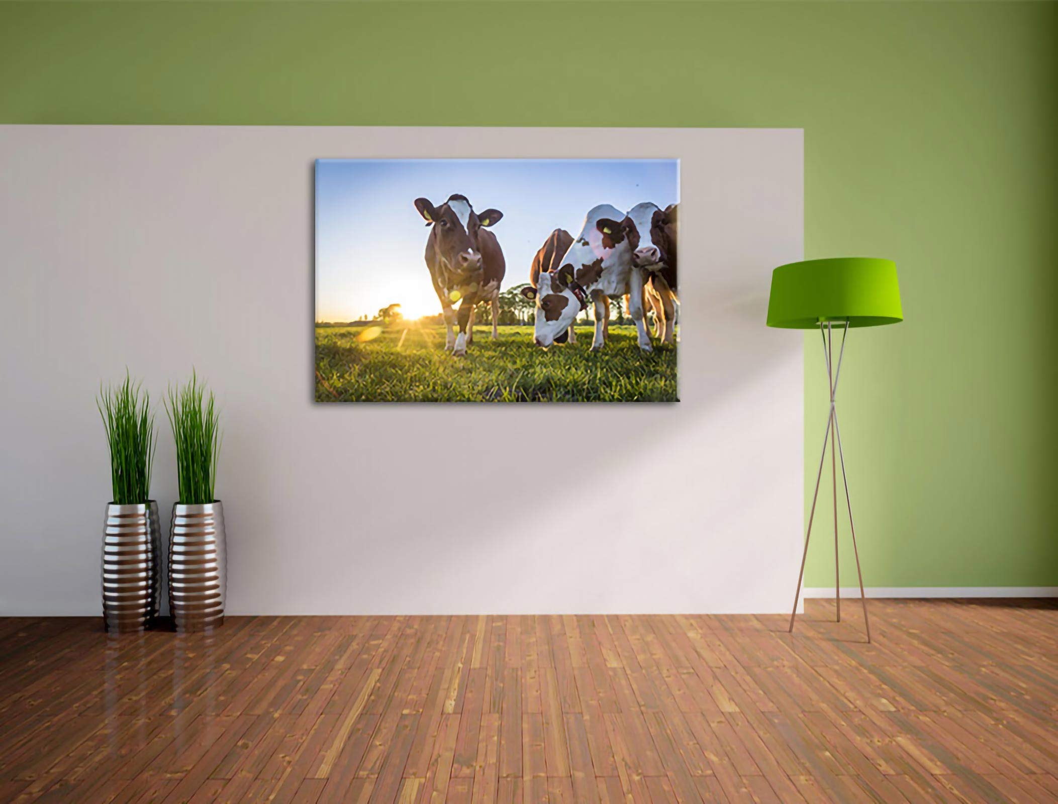 Pixxprint Kühe grasen auf Wiese bei Sonnenuntergang, Größe: 120x80cm, Leinwandbild, fertig gespannt, Wandbild, Dekoration, Kunstdruck, kein Poster