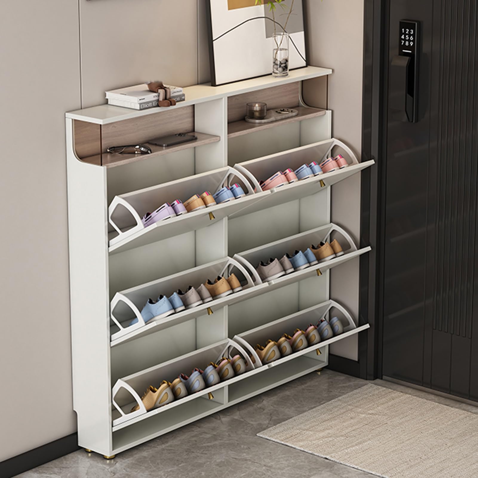 Schuhschrank Mit 6 Klappen, Vertikales Schuhablage, Multifunktional Schuhablage Schuhaufbewahrung, Platzsparend, für Flur, Wohnzimmer, Schlafzimmer(119x100x17cm/46.9x39.4x6.7in)