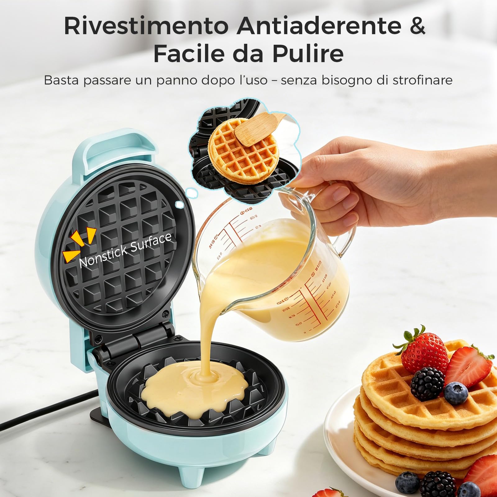 YASHE Mini piastra per waffle, 550 W, mini macchina per waffle con rivestimento antiaderente, spia di controllo, manico Cool Touch, piastra per waffle compatta per colazione, dessert e snack, blu