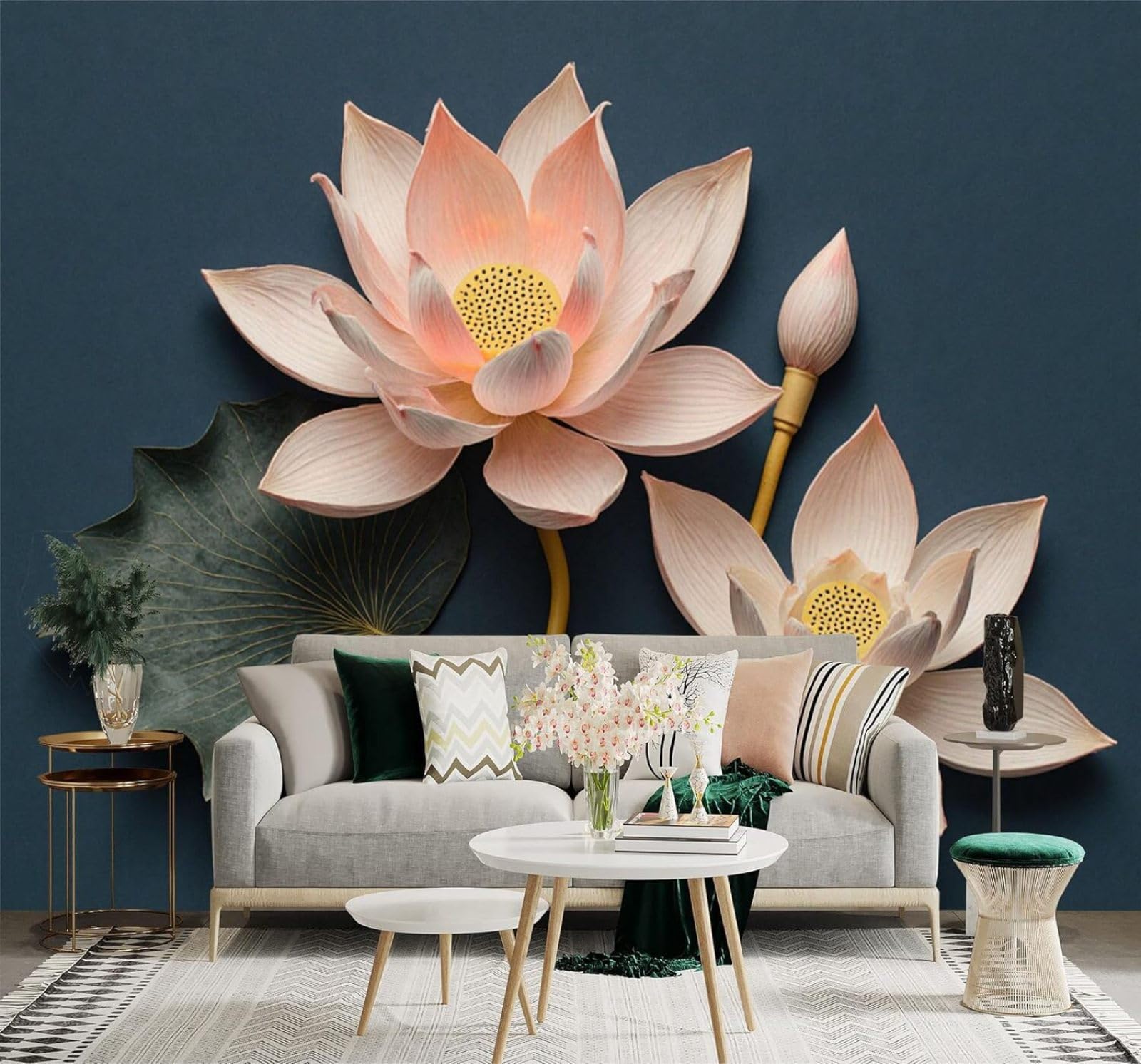 XLMING Beautiful Pink Lotus Green Leaves Dark Blue Background 3D Wallpaper Premium Textured Silk Study Dining Living Room Bedroom Sofa TV Wall Easy Install-430cm×300cm