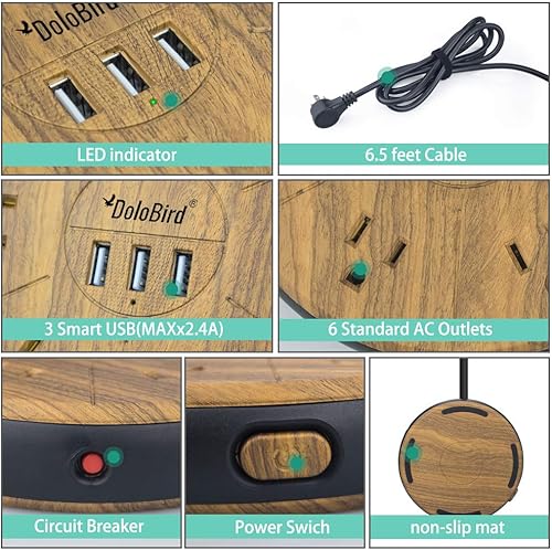 Miniatura 7 de Regleta protectora contra sobretensiones, 6 salidas de CA con 3 puertos USB, estación de carga, cable de extensión largo, enchufe plano de ángulo