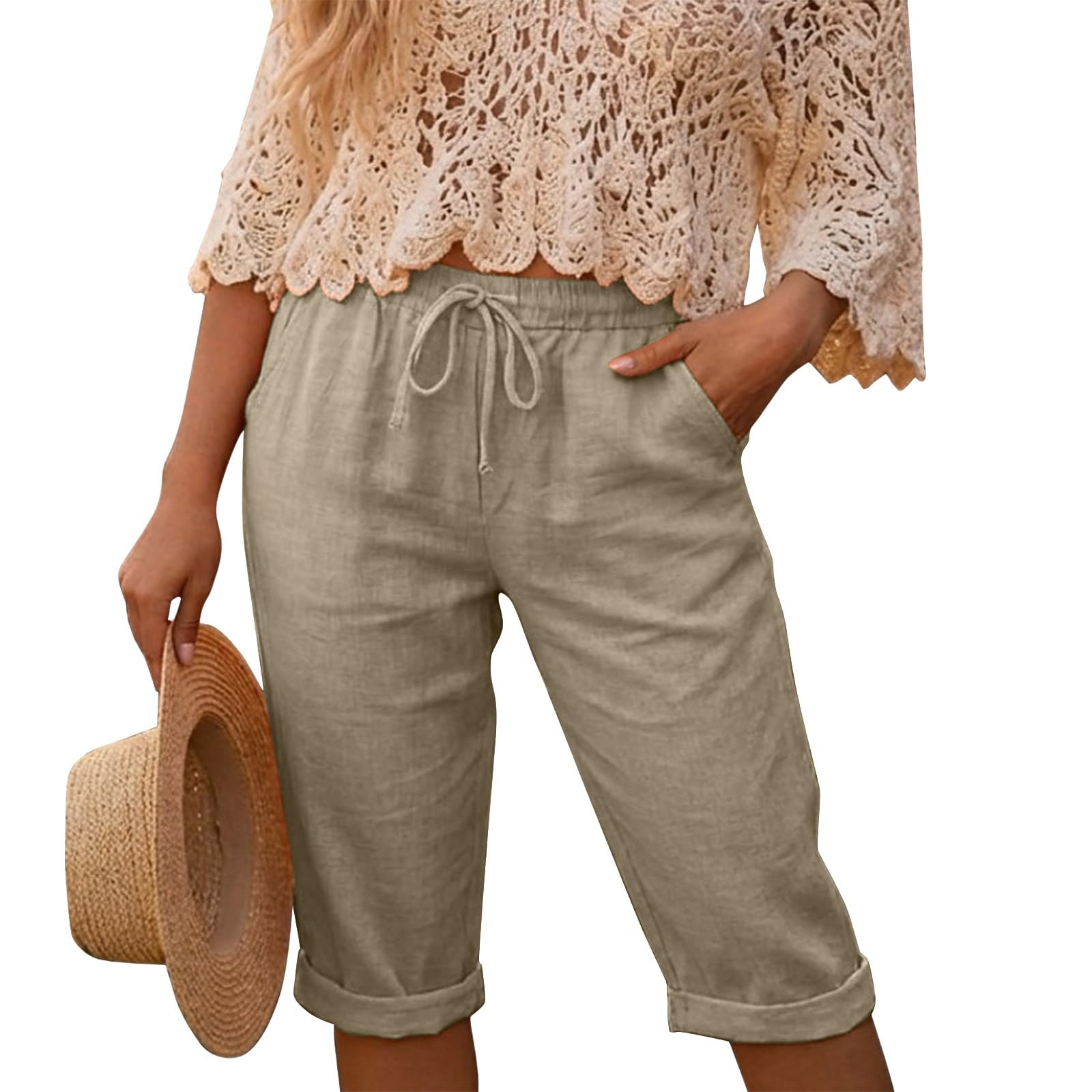 Pantaloni in Lino Donna 3/4 Curvy Pantaloncini Donna Estivi Cotone e Lino Leggeri Vita Alta con Coulisse ed Elastico Shorts Bermuda Larghi Eleganti Casual con Tasche per Spiaggia Sport e Tempo Libero