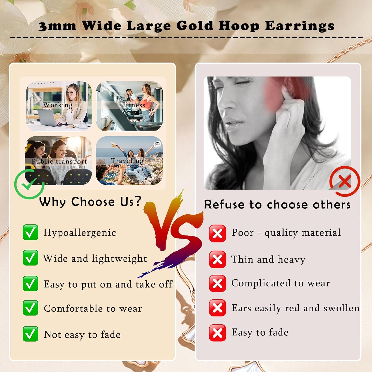 OOOPEL 3mm Wide Large Gold/Silver Hoop Earrings Sterling Silver Hoop Earrings For Women Big Gold Hoops Hypoallergenic 925 Sterling Sliver Earrings Hoops 30/40/50/60mm - Image 6