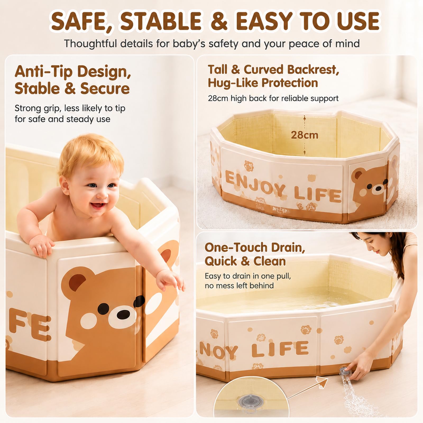 Vasca da Bagno Pieghevole Bambini con Schienale Rialzato, Vasca Portatile per Neonati 0-8 Anni con Tappo di Scarico, Vascas Salvaspazio Richiudibile per Doccia Domestica e Viaggi