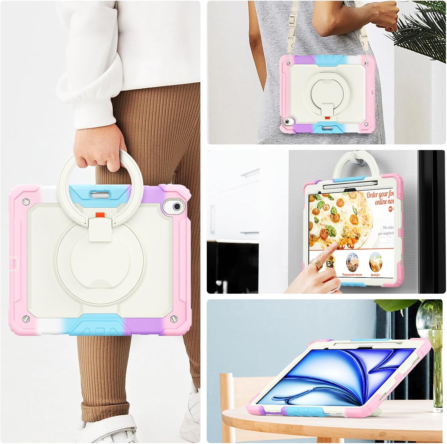 for iPad Air 13 Inch Case M4 2026 / M3 2025 / M2 2024, Heavy Duty Shockproof Protective Case with Rotating Handle & Stand- Shoulder Strap- Screen Protector- Pencil Holder, Rainbow Pink