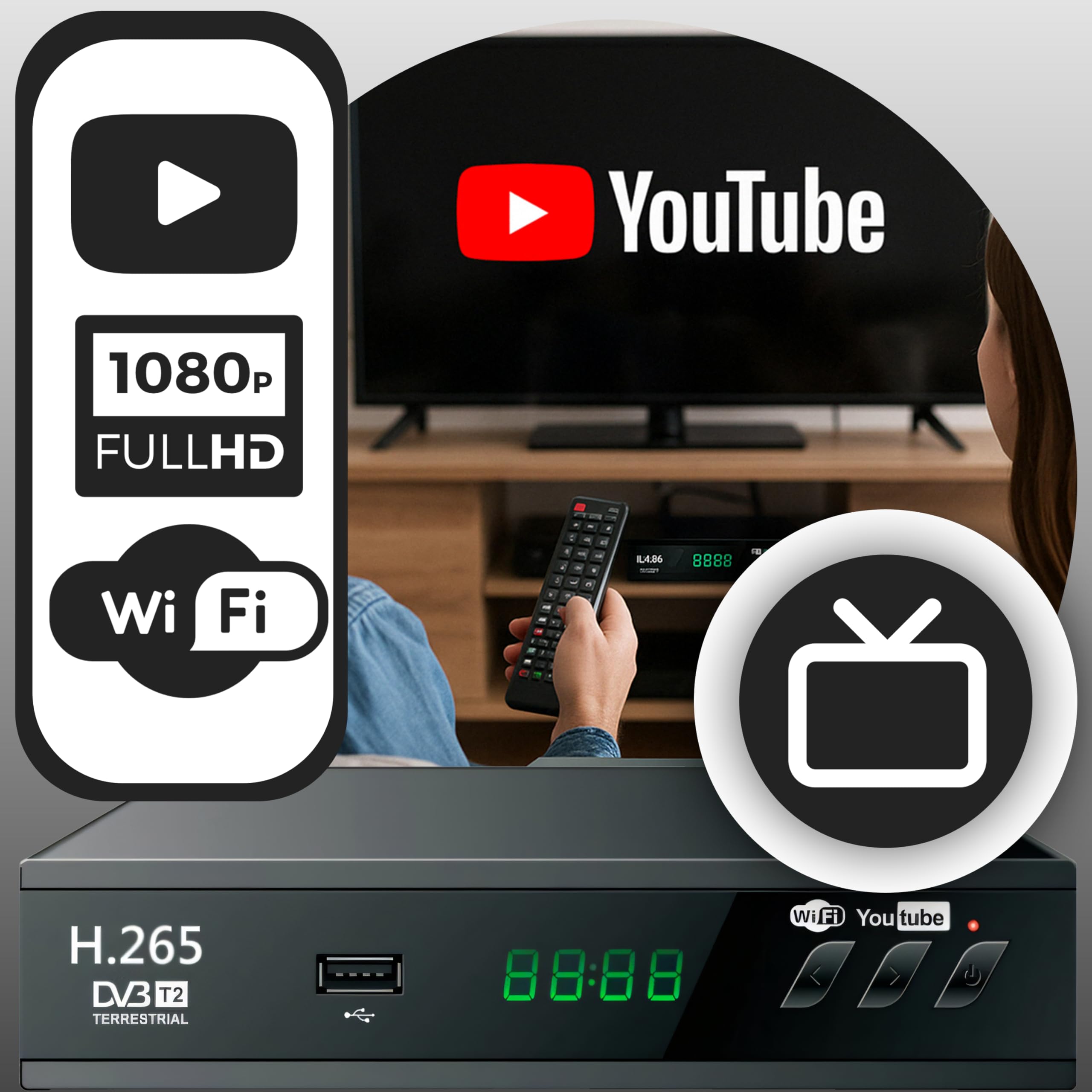 Retoo Odbiornik DVB-T2 HD z H.265 HEVC, odbiornik cyfrowy z HDMI, SCART, funkcją nagrywania PVR, Timeshift i USB, tuner TV Full HD do telewizji kablowej, z pilotem sterującym i kablem