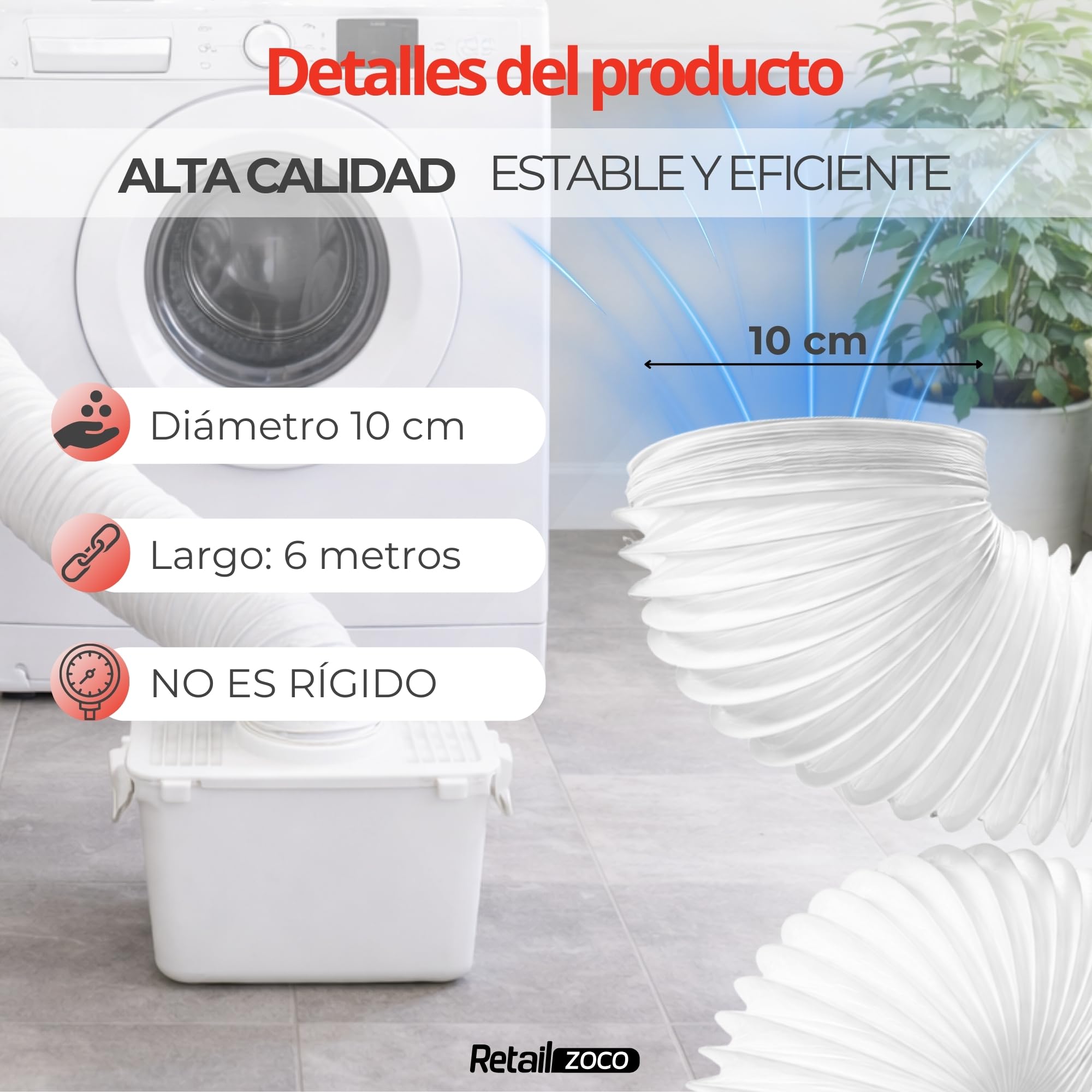 TECHZOCO Tubo de ventilación flexible, Conducto salida aire, Manguera de extracción de aire, Tubo Acondicionado Portátil, Apto Secadora, No es rígido, 6 Metros Largo x 10 cm diámetro
