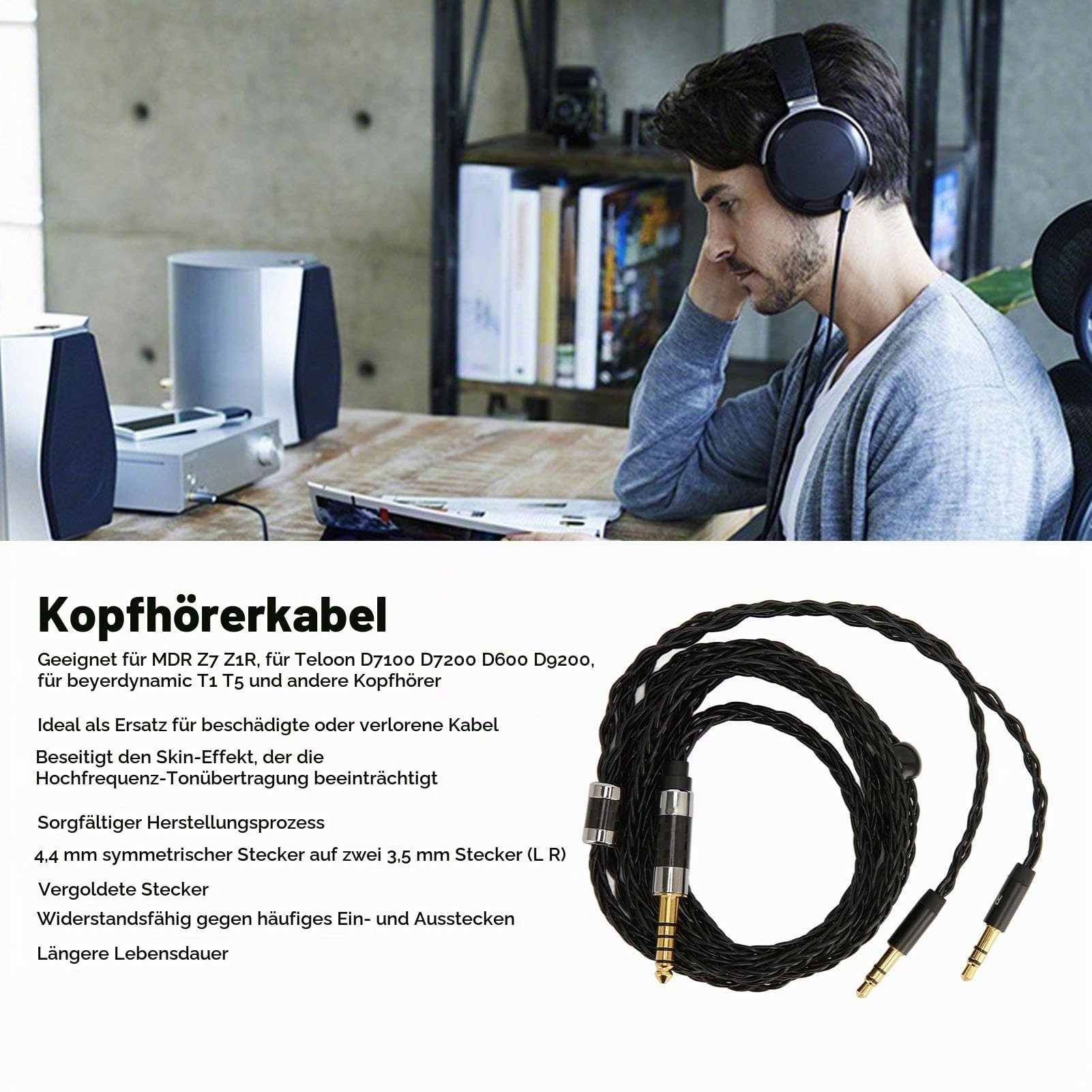 Sxhlseller 8 adriger, Symmetrischer, Versilberter Kopfhörerkabel Ersatz, 4,4 Mm auf Zwei 3,5 Mm Stecker, Kompatibel für MDR Z7 Z1R für TeloonD7100 D7200 D600 D9200 für T1 T5
