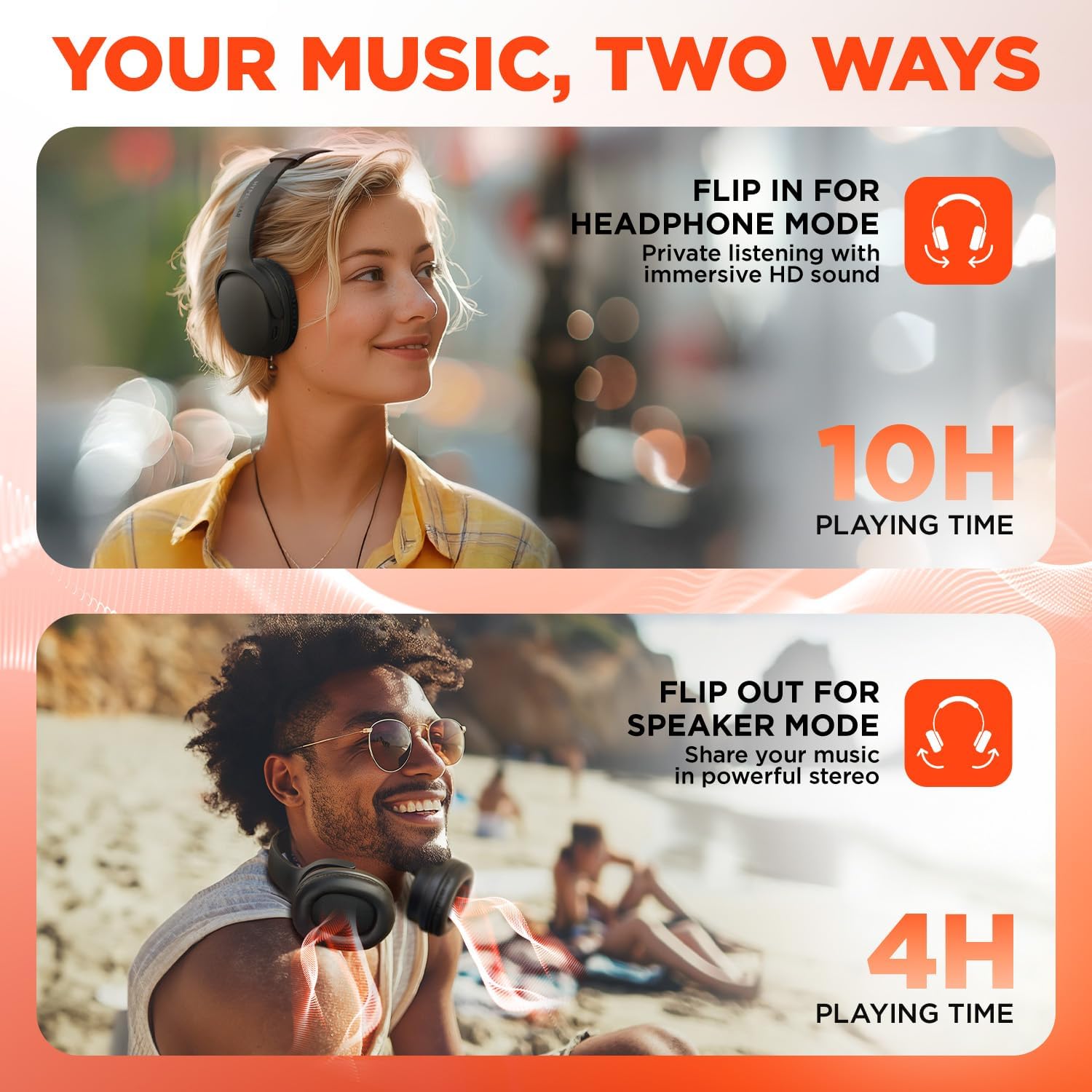 Images showing HyperGear headphones in use: a woman in headphone mode and a man using them in speaker mode.