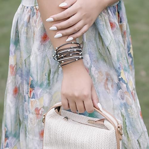 Miniatura 8 de FANCY SHINY Pulsera de cuero con cuentas bohemias, pulseras góticas apilables con cierre magnético