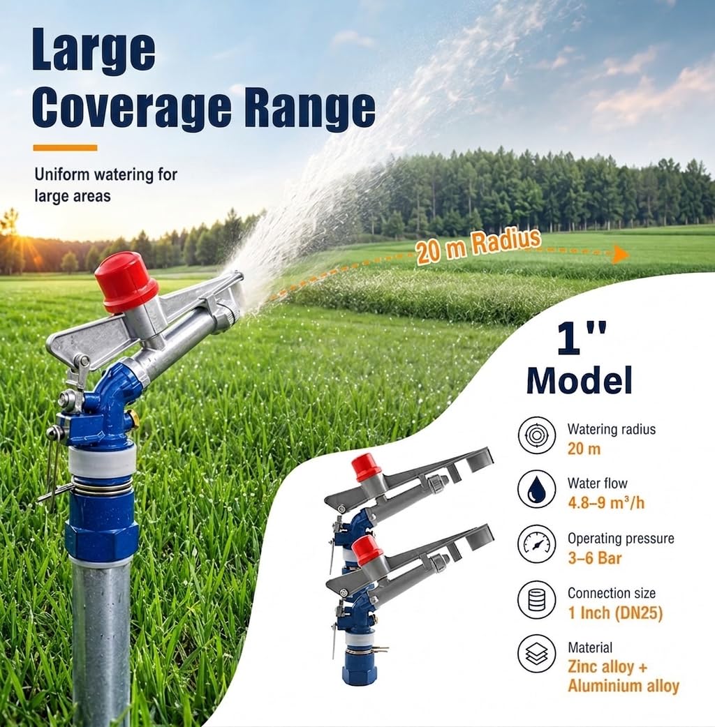 Spruzzatore a pioggia da 2,5 cm, in lega di alluminio, lungo raggio di 20 m, regolabile a 360°, resistente spruzzatore per colture agricole, pascoli e soppressione della polvere