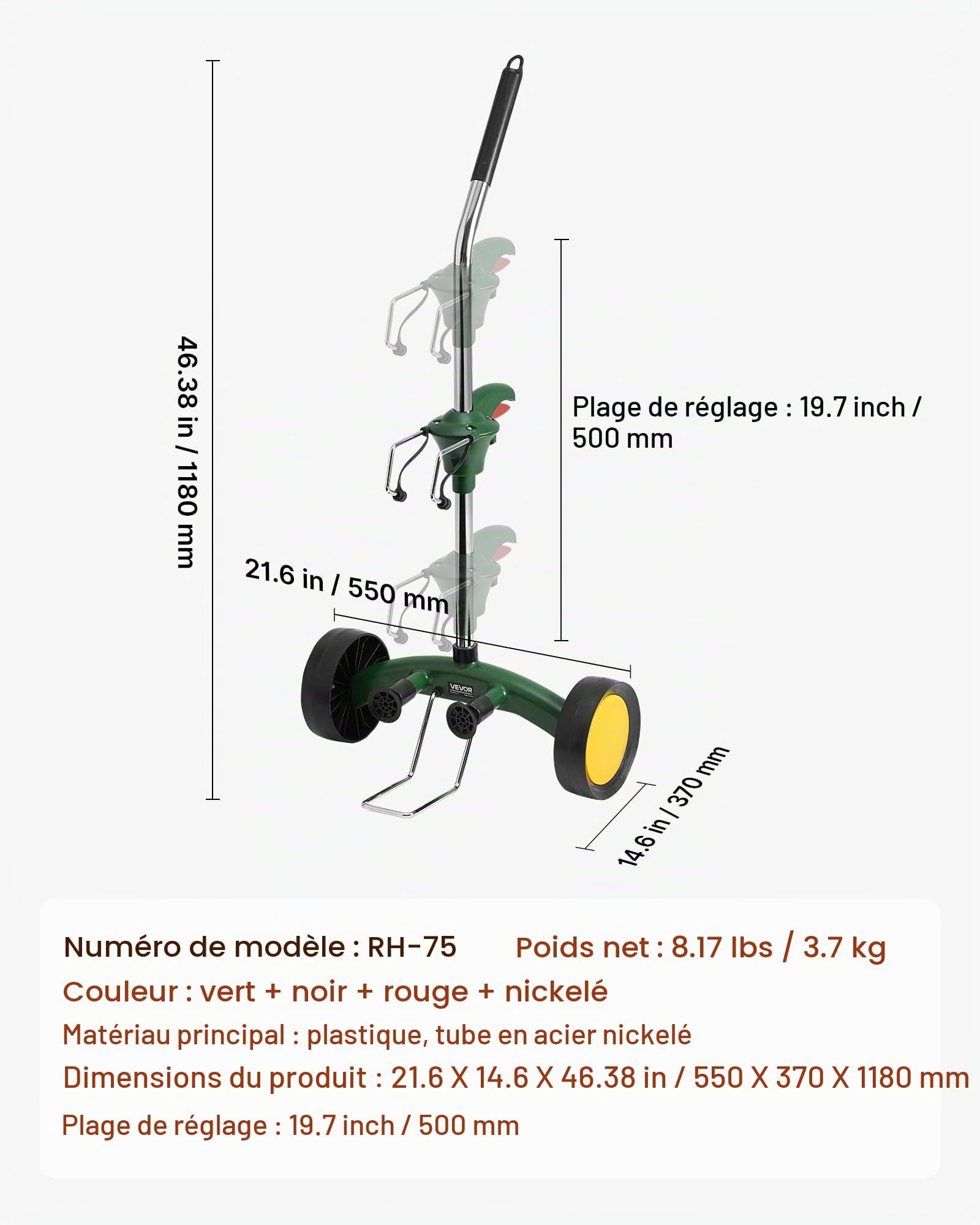 VEVOR Diable de Transport pour Plantes en Pot, Chariot Déplace Pots de Fleurs de Jardin Robuste, avec Bras à Griffes Réglable, Capacité Charge 65 kg, Verrouillage Sécurisé, pour Intérieur, Extérieur