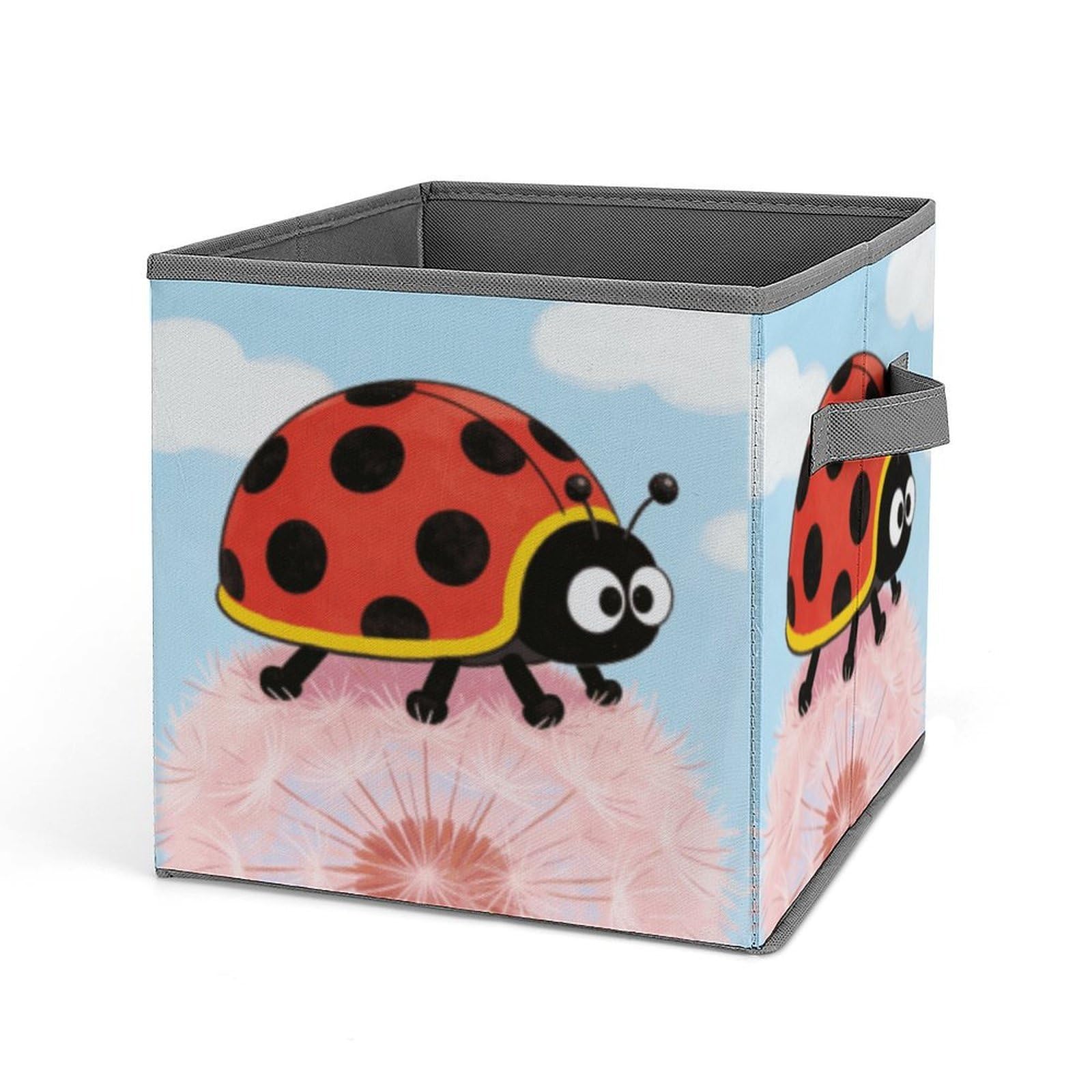 Ladybug Storage Baskets Collapsible, Exquisite Pattern Cube Box, Canvas Fabric Storage Bins with Handles, Clothe Organizer Box for Home Decorative Office Bedroom