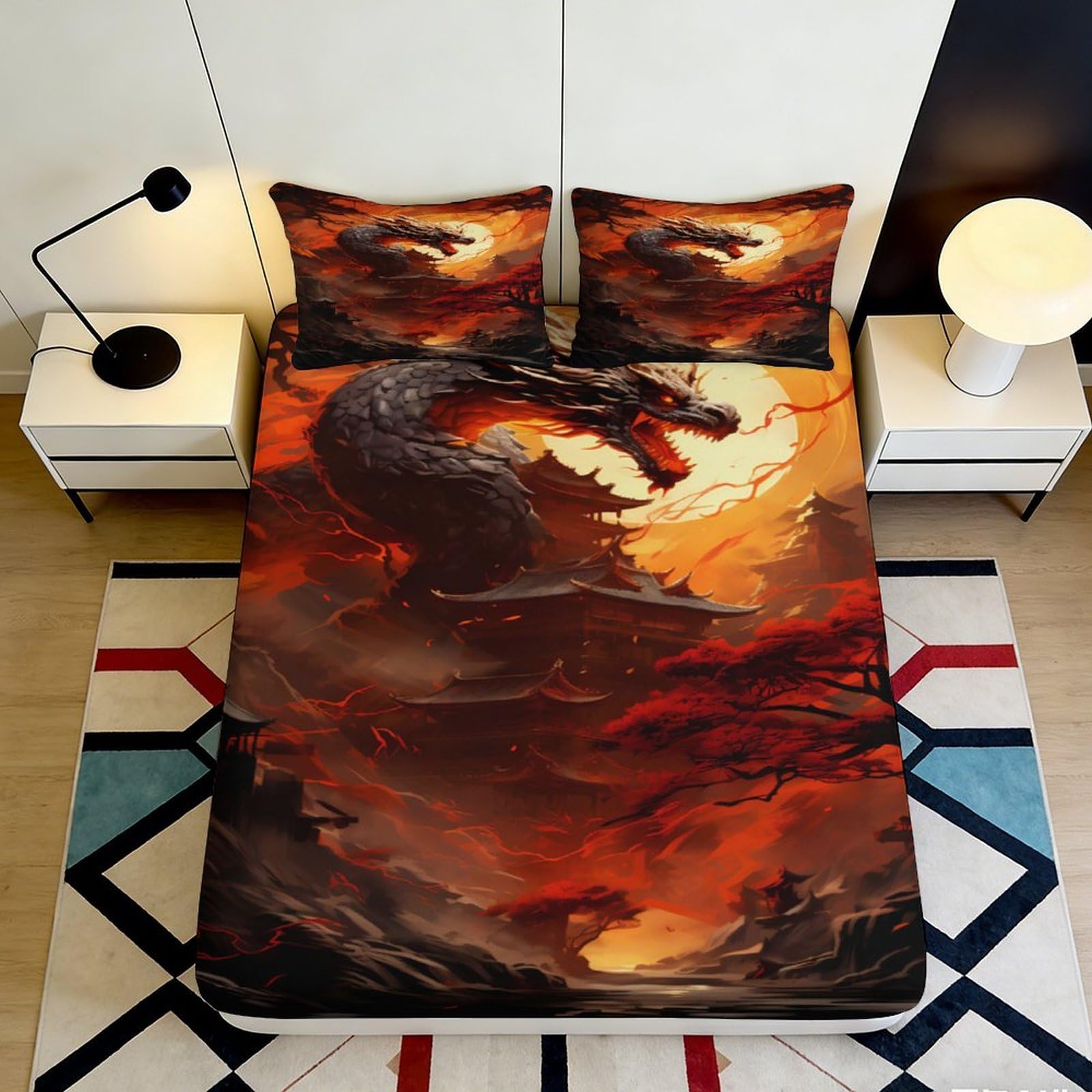 3D Printed Black Dragon Fitted Sheet Microfiber Oriental Temple Bed Cover Red Flame Bedroom Decor Mattress Protector 90x200x25cm