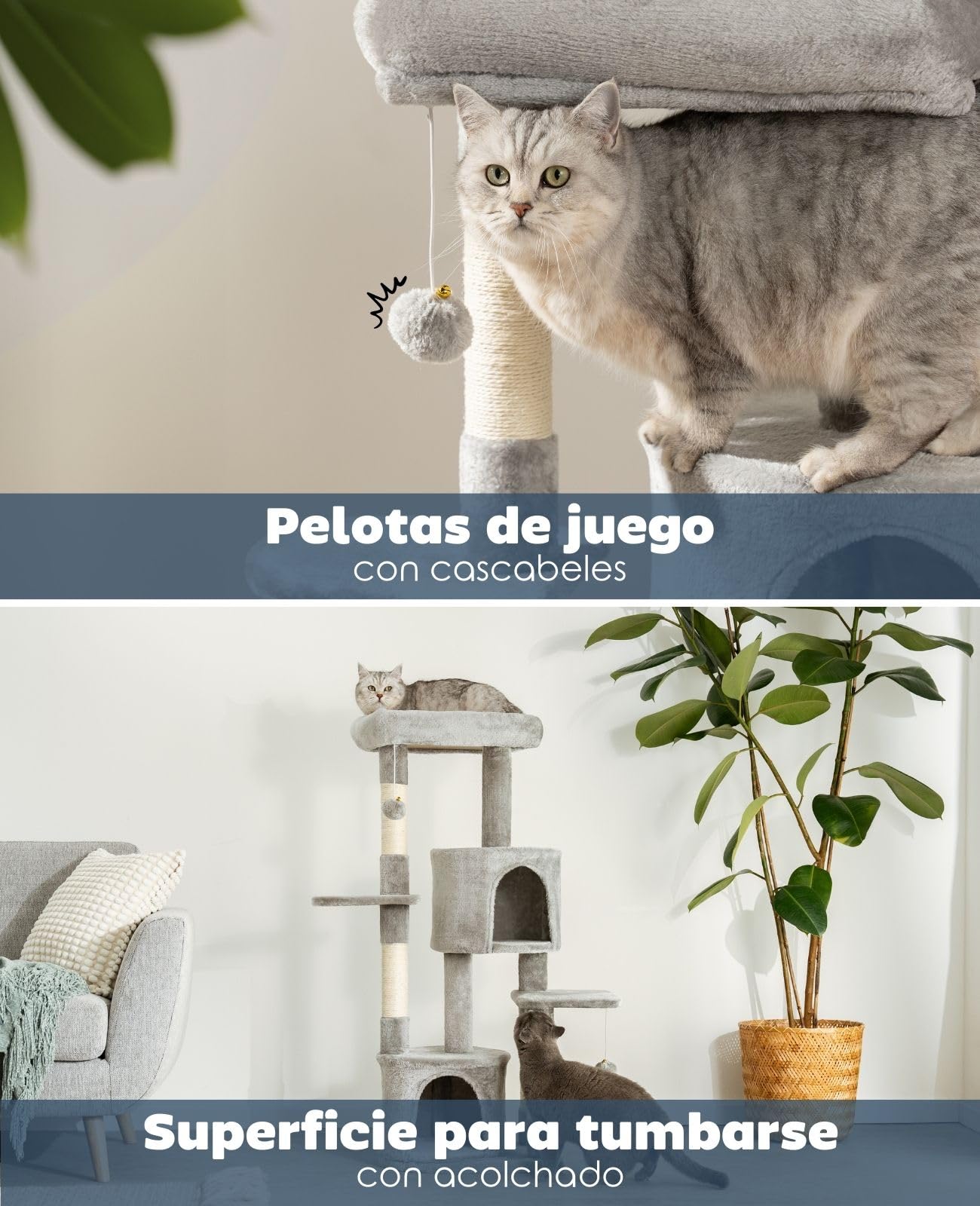 lionto Árbol rascador para Gatos con Pelotas de Juego de sisal y 115 cm de Altura, Gris Claro
