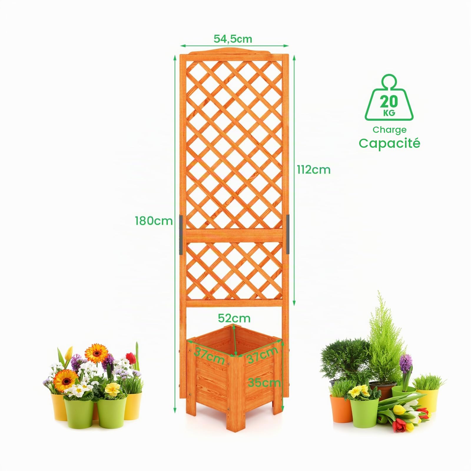 HOMASIS Jardinière avec treillis - 180 cm - Jardinière surélevée en bois avec treillis et trou de drainage - Parterre de fleurs pour plantes grimpantes, bac à fleurs pour balcon, jardin, terrasse,