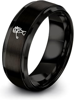 Female Golfer Ring - Gift for Golf Fan - Men Women - 8mm - Tungsten Carbide - Anniversary Wedding - Personalized Custom Engraving - Flat Dome Bevel - Band - Brushed Polished - Black Yellow Gold Silver