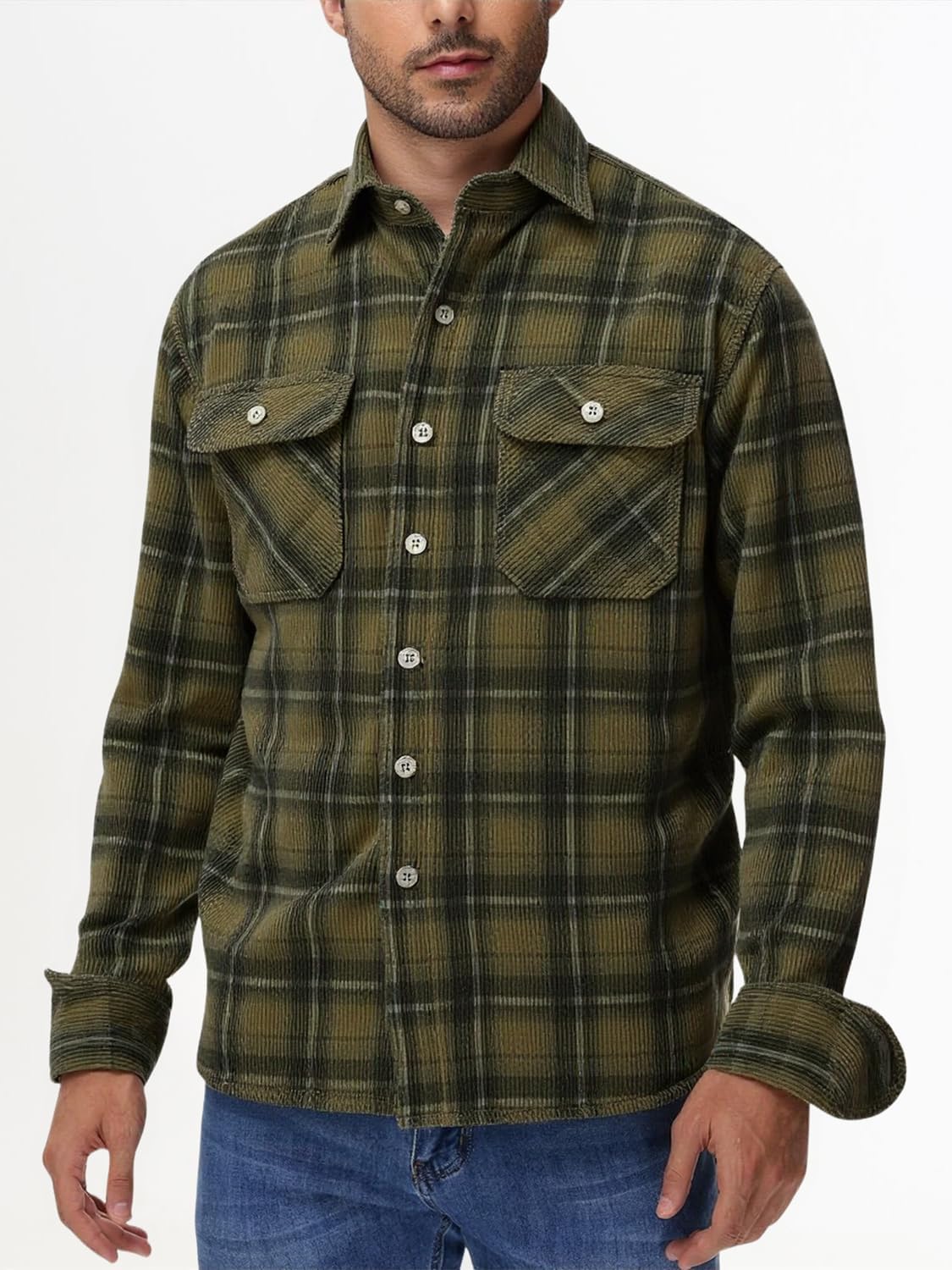 Men's Plaid Shirts Long Sleeve Button Down Washed Corduroy Shirts Casual Vintage Lightweight Shirt Jacket - Image 3