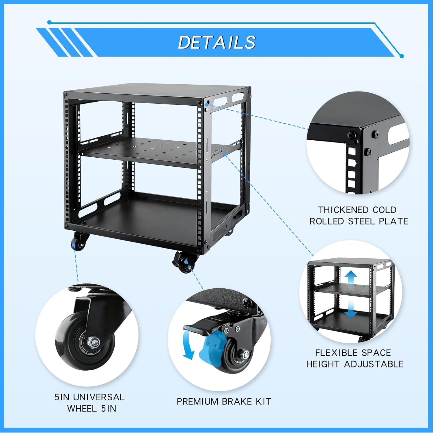 9U Open Frame Server Rack with Wheels Free Standing Network Server Rack for Servers & AV Gear Black